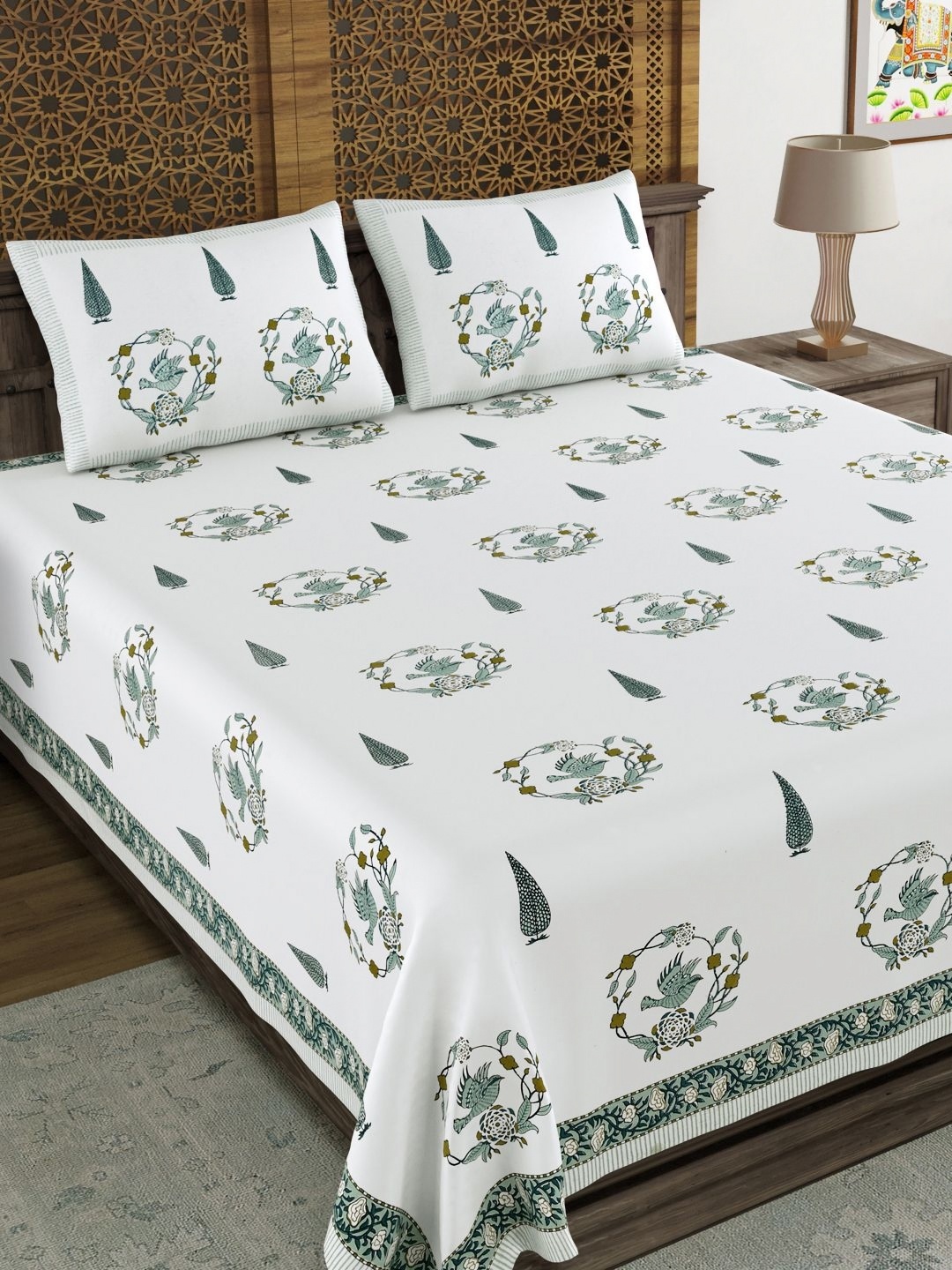 BLOCKS OF INDIA Green & White Ethnic Motifs 210 TC King Bedsheet with 2 Pillow Covers
BLOCKS OF INDIA Green & White Ethnic Motifs 210 TC King Bedsheet with 2 Pillow Covers