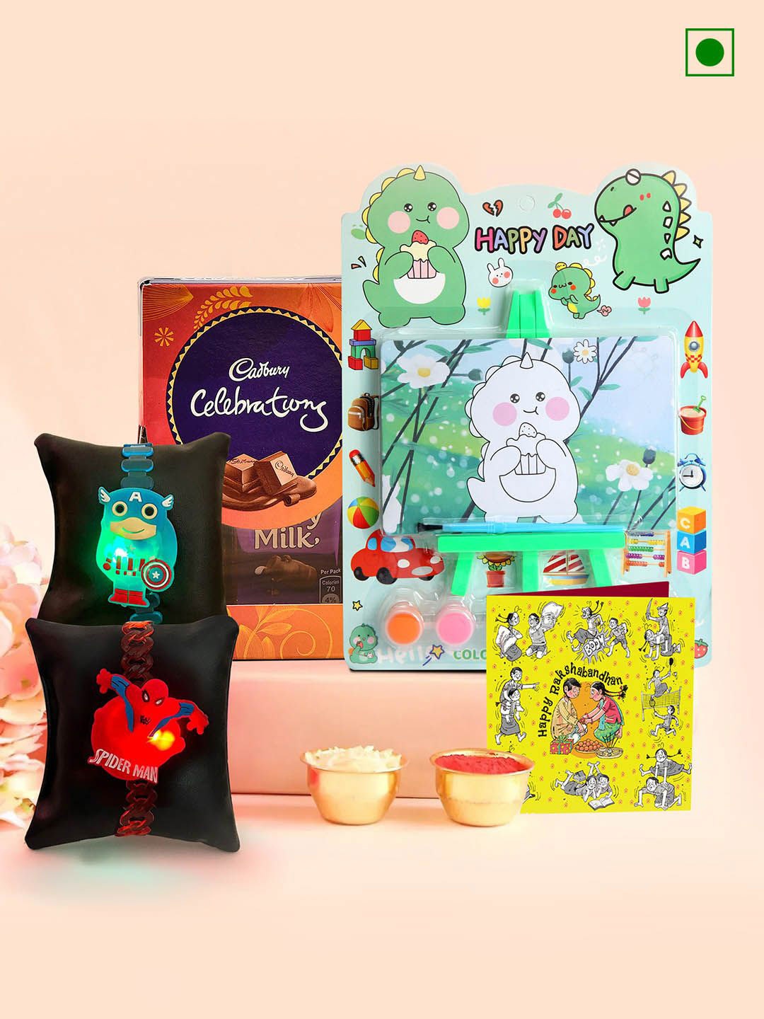 TIED RIBBONS Kids Set of 2 Rakhis with Chocolate & Stationary with Card & Roli Chawal, Green
TIED RIBBONS Kids Set of 2 Rakhis with Chocolate & Stationary with Card & Roli Chawal, Green