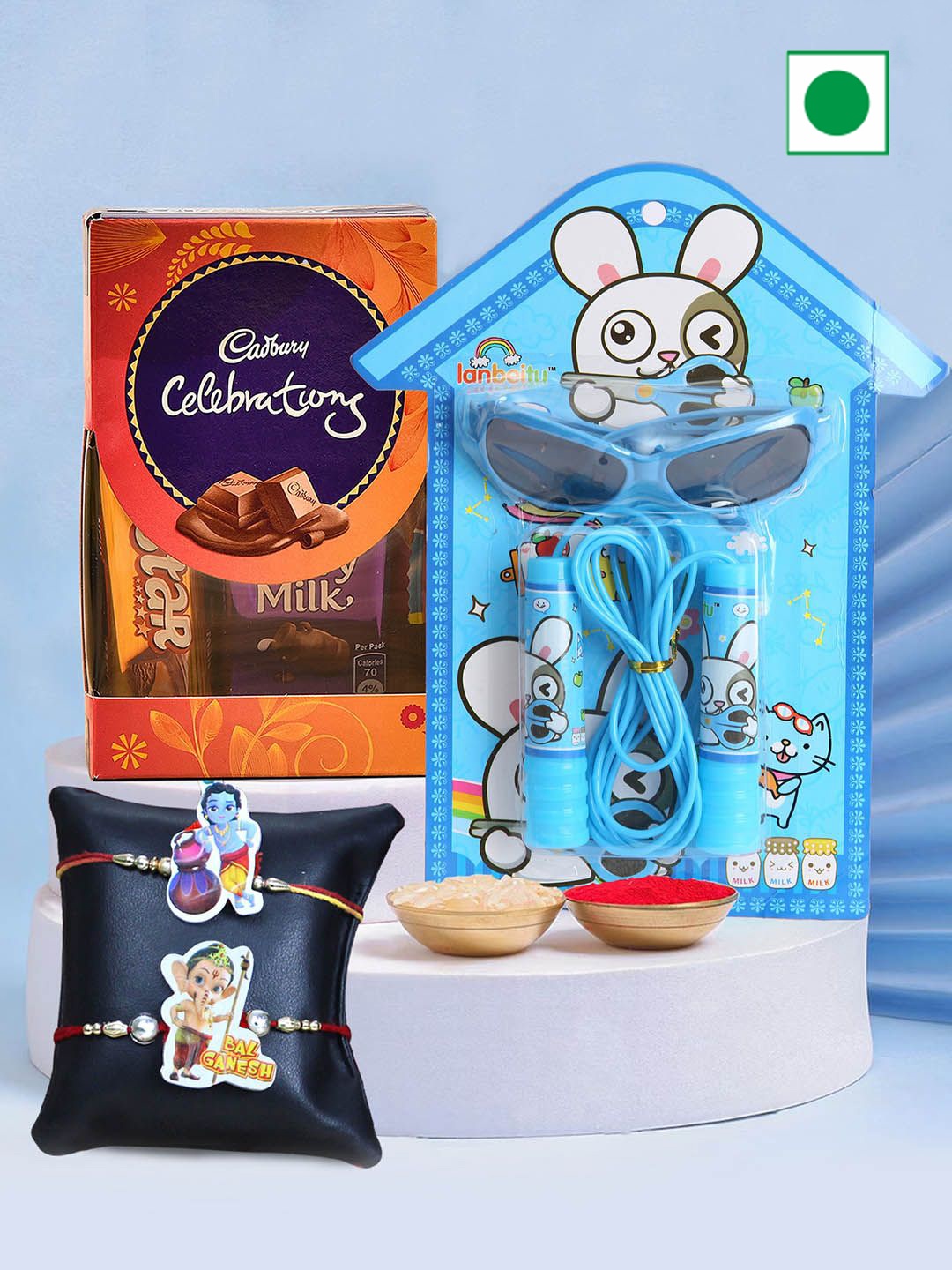 TIED RIBBONS Set of 2 Cartoon Rakhi With Chocolate & Stationary with Card & Roli Chawal, Blue
TIED RIBBONS Set of 2 Cartoon Rakhi With Chocolate & Stationary with Card & Roli Chawal, Blue