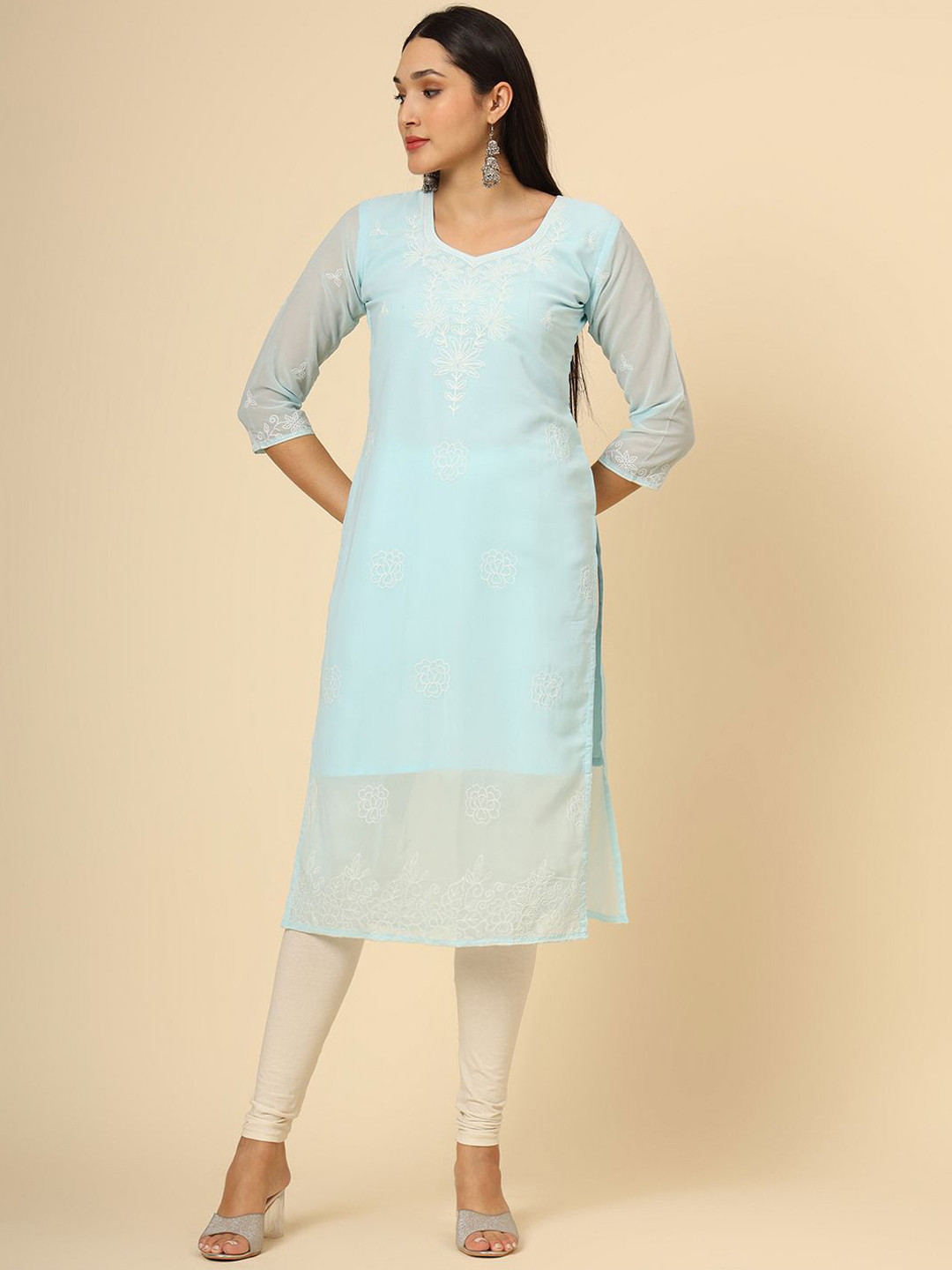 Ekasya Women Embroidered Flared Sleeves Chikankari Floral Georgette Anarkali Kurta, Turquoise blue
Ekasya Women Embroidered Flared Sleeves Chikankari Floral Georgette Anarkali Kurta, Turquoise blue
