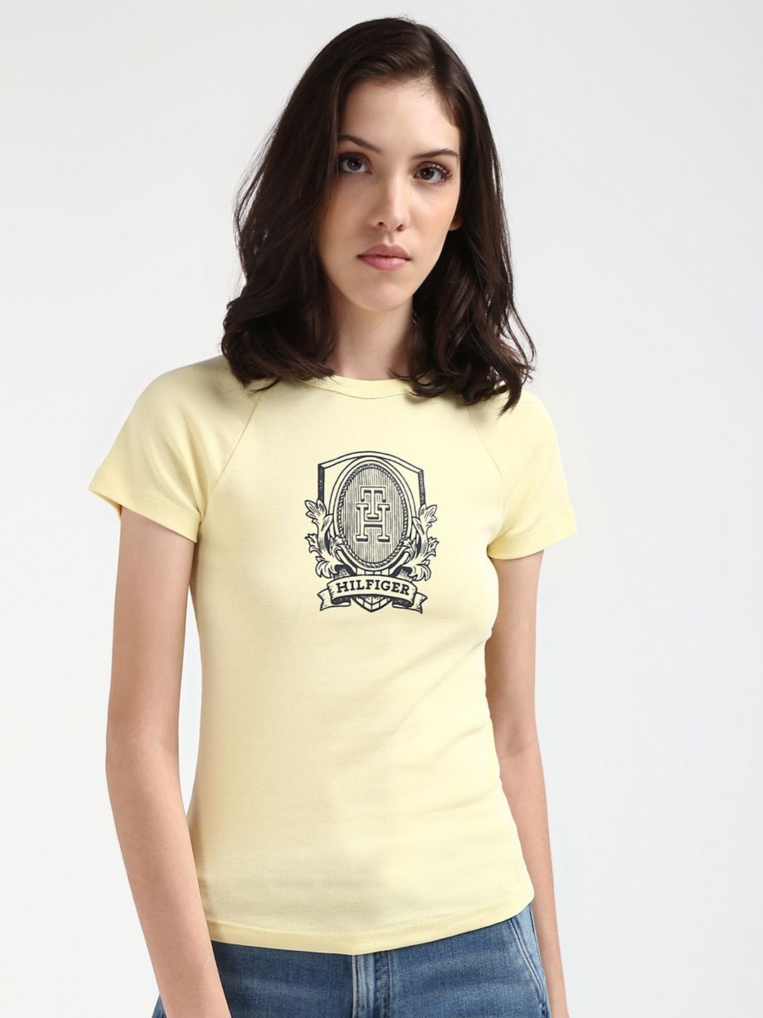 Tommy Hilfiger Women Graphic Printed Round Neck Pure Cotton Slim Fit T-shirt, Yellow
Tommy Hilfiger Women Graphic Printed Round Neck Pure Cotton Slim Fit T-shirt, Yellow