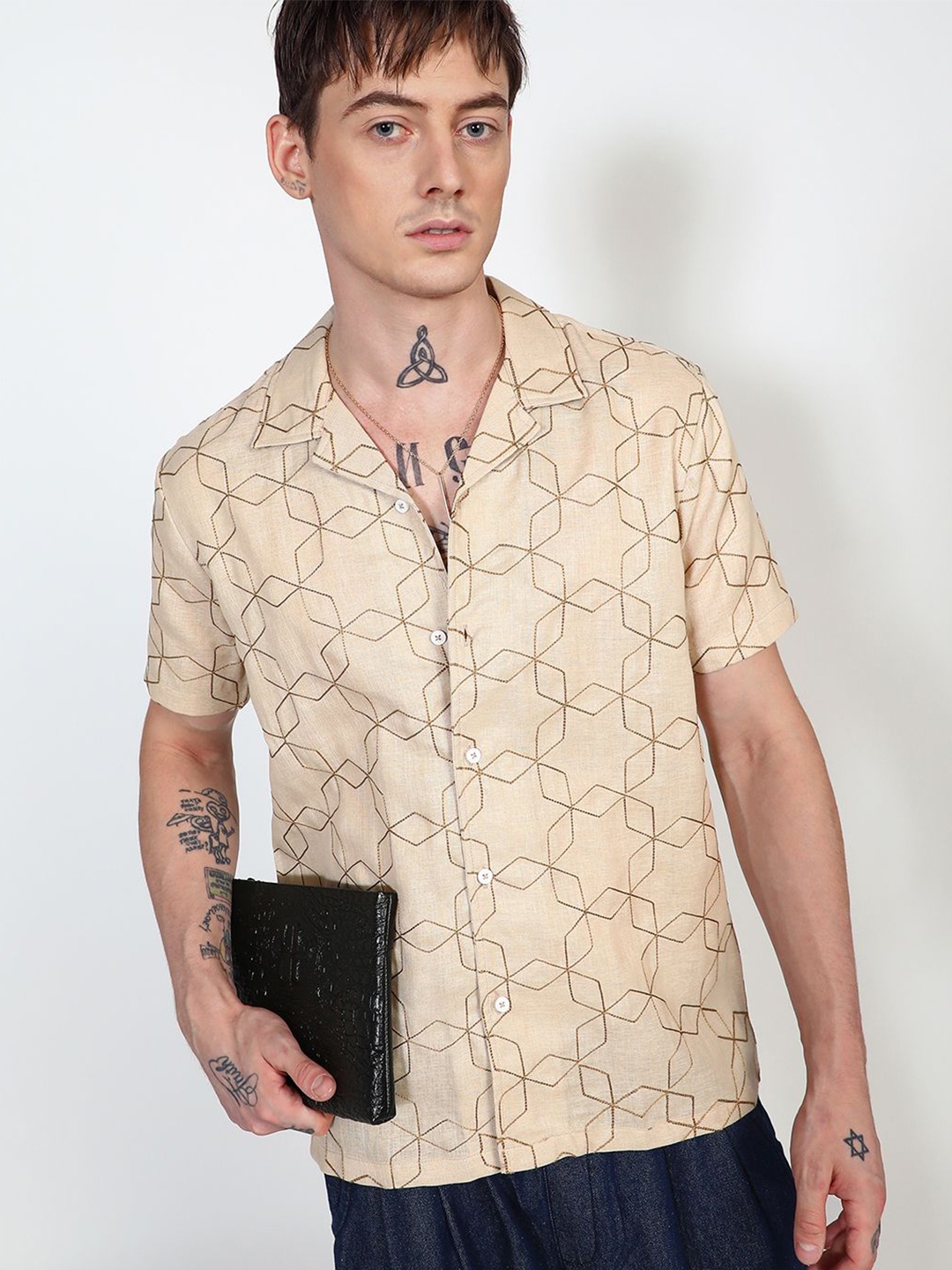 Campus Sutra Men Comfort Geometric Embroidered Cuban Collar Casual Shirt, Beige
Campus Sutra Men Comfort Geometric Embroidered Cuban Collar Casual Shirt, Beige