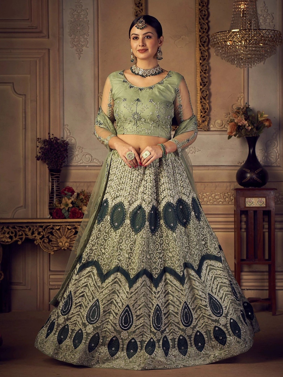 KALINI Embroidered Thread Work Semi-Stitched Lehenga & Unstitched Blouse With Dupatta, Green
KALINI Embroidered Thread Work Semi-Stitched Lehenga & Unstitched Blouse With Dupatta, Green