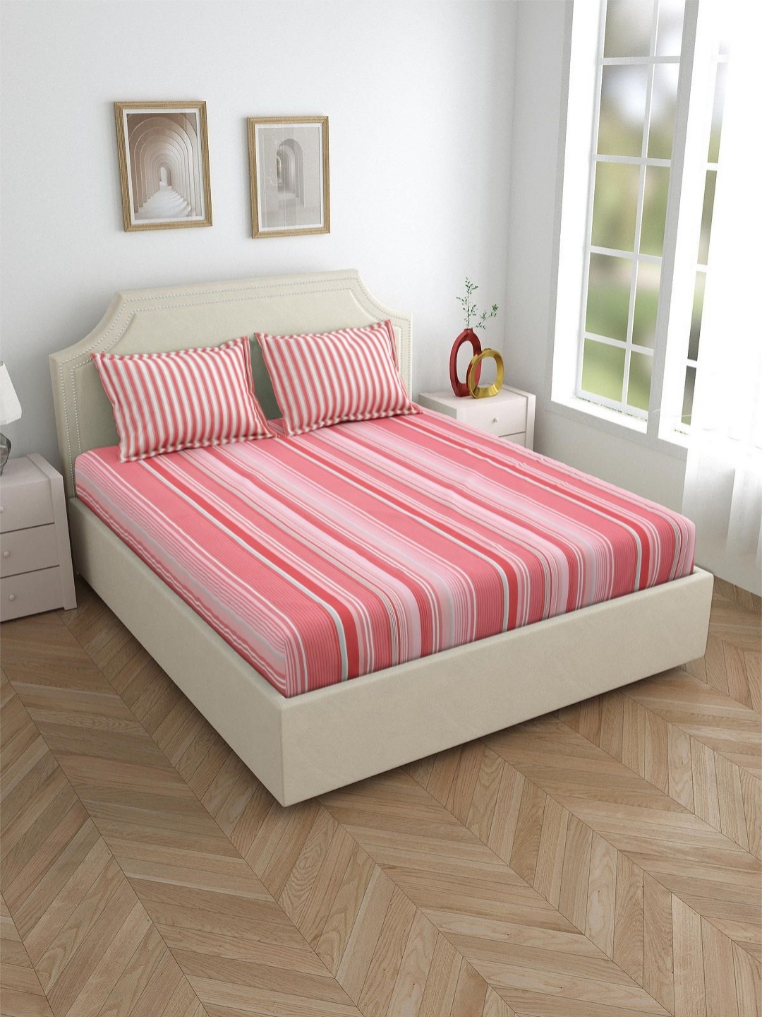 Salona Bichona Pink & White Striped Pure Cotton 120 TC King Bedsheet with 2 Pillow Covers
Salona Bichona Pink & White Striped Pure Cotton 120 TC King Bedsheet with 2 Pillow Covers