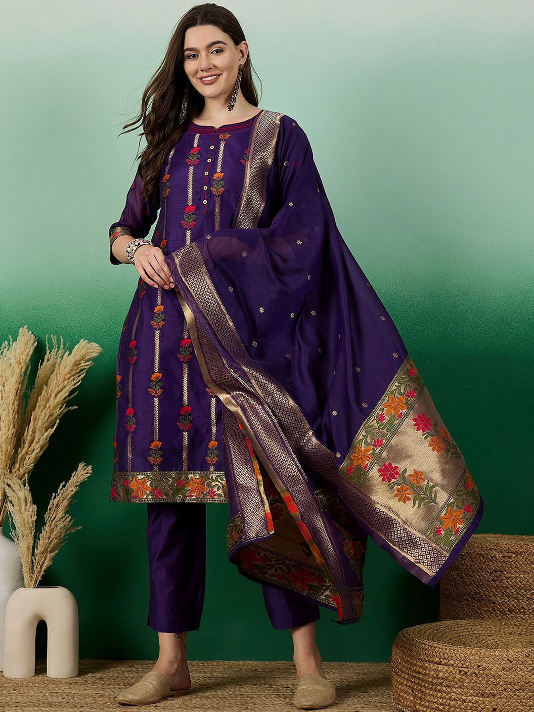 SERONA FABRICS Floral Woven Design Chanderi Cotton Straight Kurta & Trousers With Dupatta, Purple
SERONA FABRICS Floral Woven Design Chanderi Cotton Straight Kurta & Trousers With Dupatta, Purple
