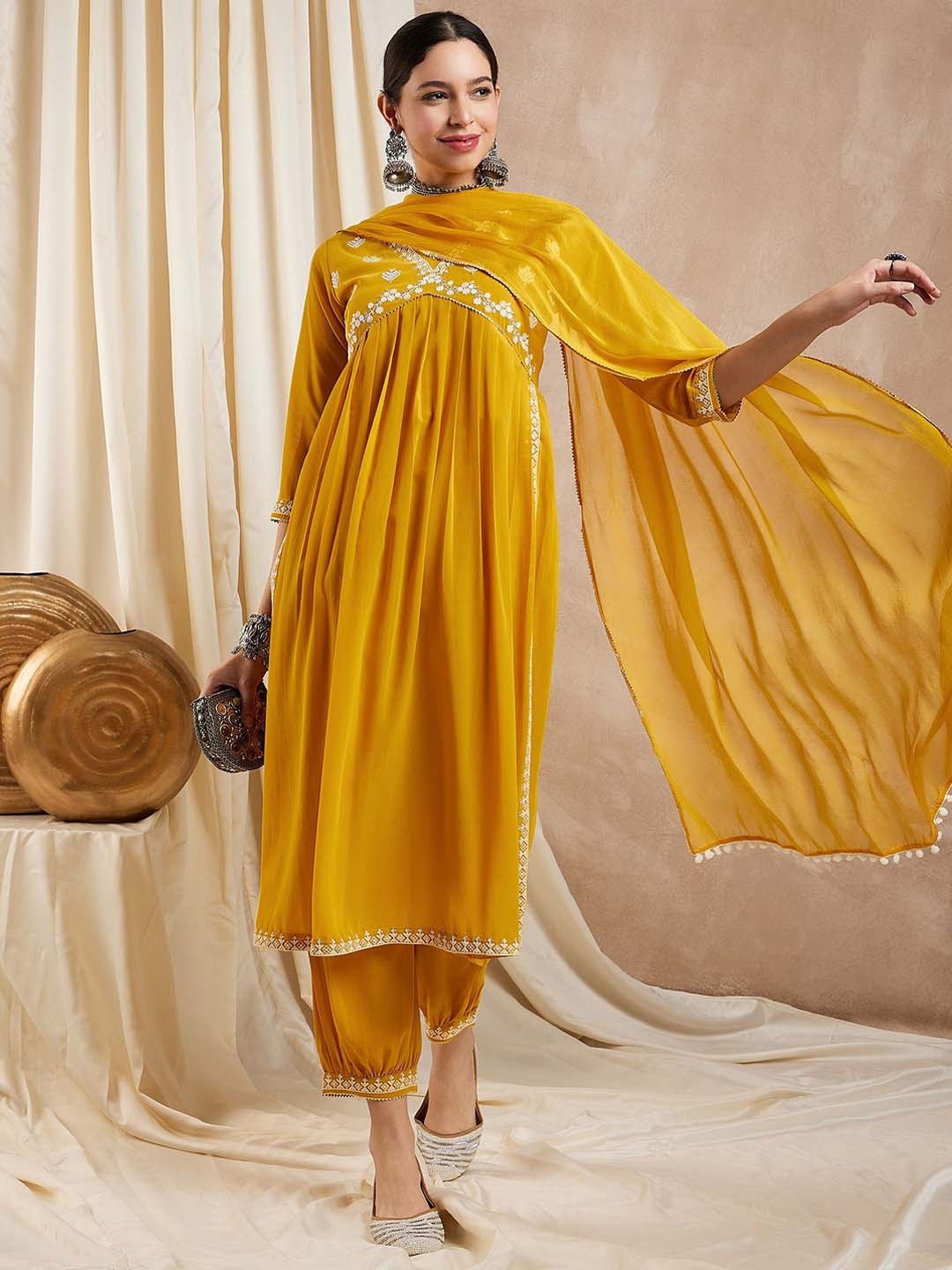 KALINI Embroidered Empire Thread Work Georgette A-Line Kurta With Trousers & Dupatta, Yellow
KALINI Embroidered Empire Thread Work Georgette A-Line Kurta With Trousers & Dupatta, Yellow