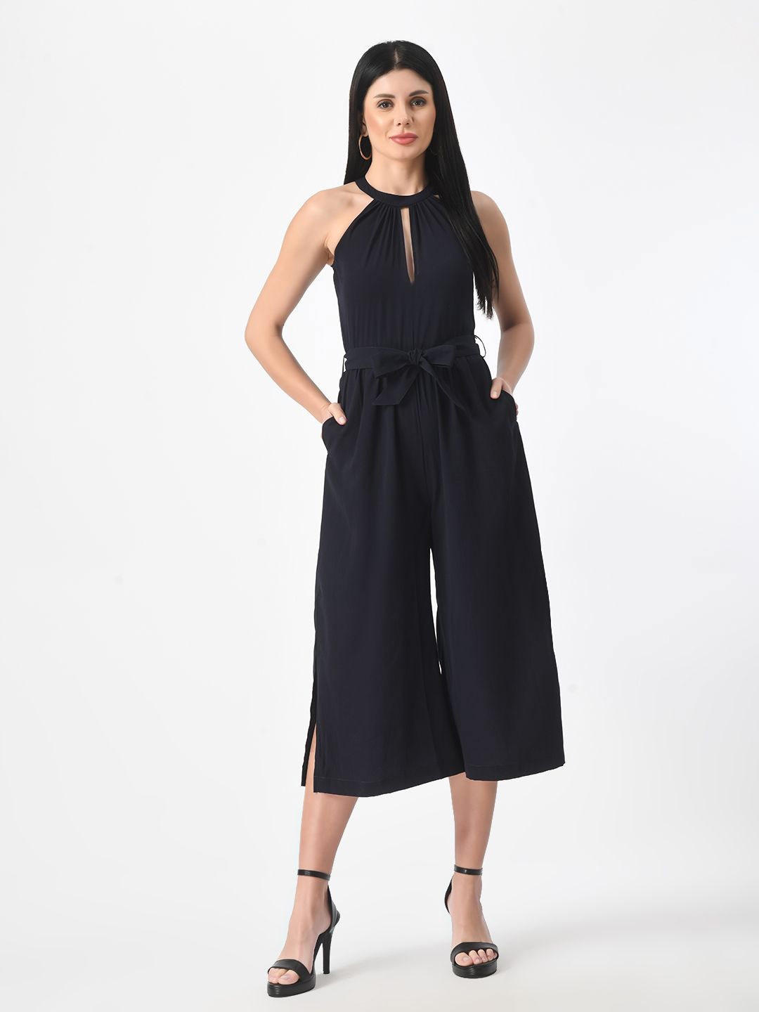 Tushita Halter Neck Capri Jumpsuit, Navy blue