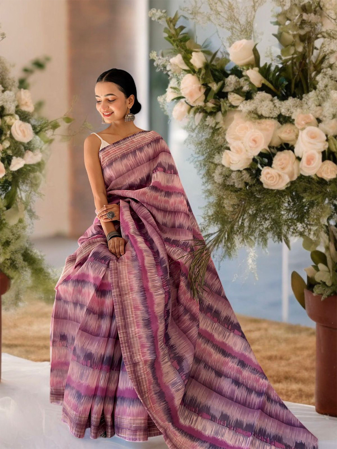 Vastrasky Global Striped Pure Cotton Saree, Pink 
Vastrasky Global Striped Pure Cotton Saree, Pink