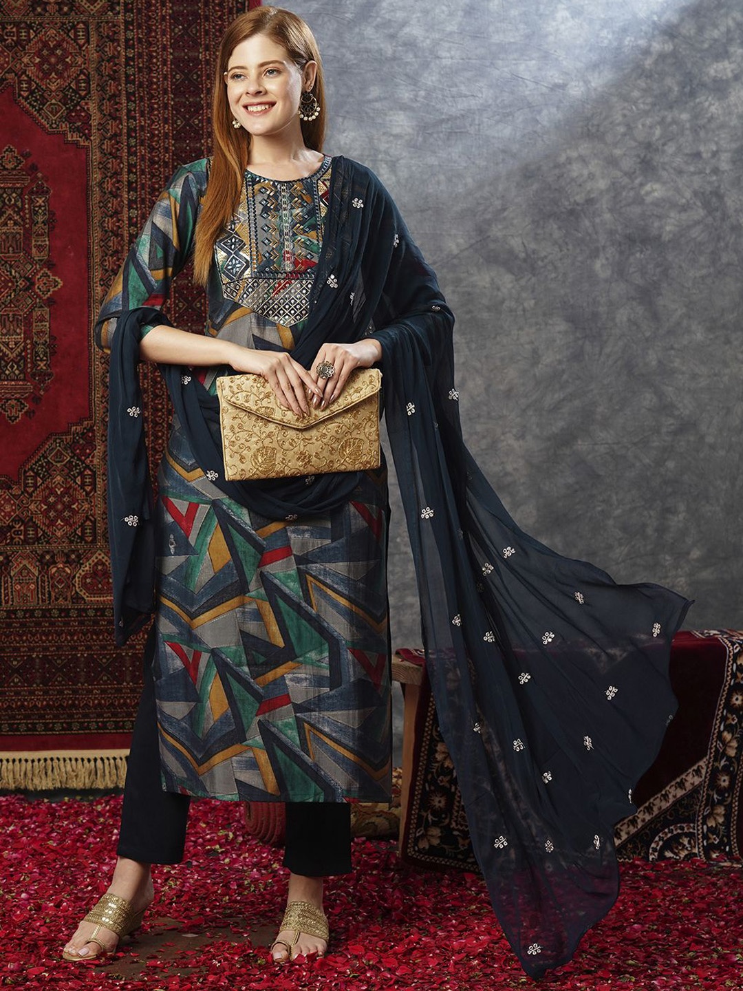 Anni Designer Ethnic Motifs Printed Sequinned Kurta with Trousers & Dupatta, Navy blue
Anni Designer Ethnic Motifs Printed Sequinned Kurta with Trousers & Dupatta, Navy blue