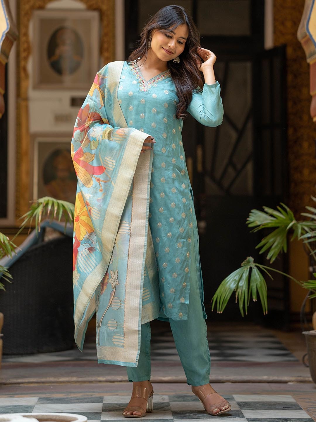 Navlik Floral Embroidered Sequined Zari Work Straight Kurta With Trousers & Dupatta, Turquoise blue
Navlik Floral Embroidered Sequined Zari Work Straight Kurta With Trousers & Dupatta, Turquoise blue