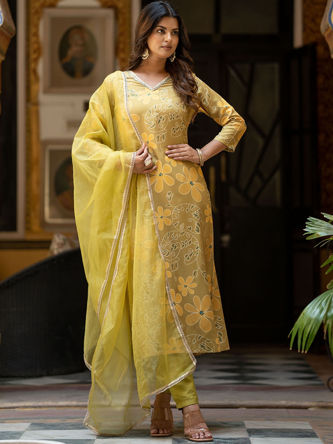 Navlik Floral Printed V-Neck Mirror Work Straight Kurta With Trousers & Dupatta, Mustard
Navlik Floral Printed V-Neck Mirror Work Straight Kurta With Trousers & Dupatta, Mustard