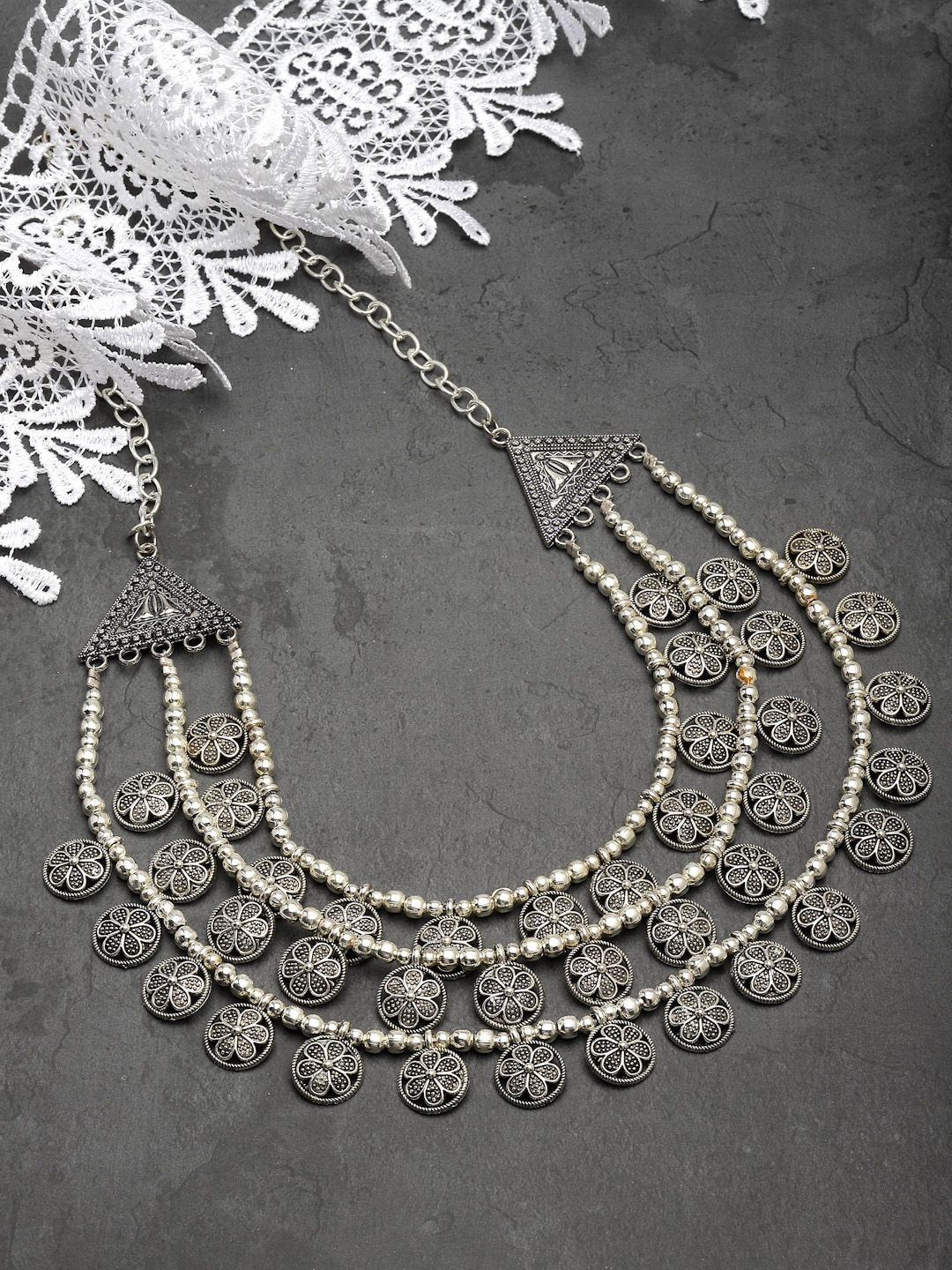 Sanjog German Silver Silver-Plated Floral Beaded Oxidised Layered Statement Necklace
Sanjog German Silver Silver-Plated Floral Beaded Oxidised Layered Statement Necklace