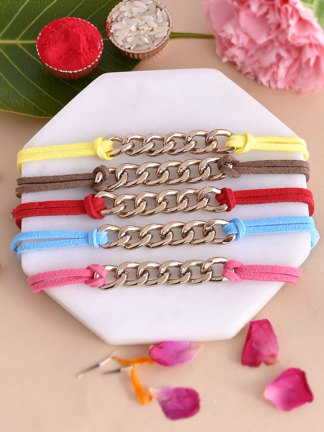 Aapno Rajasthan Set Of 5 Stone Studded & Beaded Rakhis With Roli Chawal & Greetings Card, Gold
Aapno Rajasthan Set Of 5 Stone Studded & Beaded Rakhis With Roli Chawal & Greetings Card, Gold