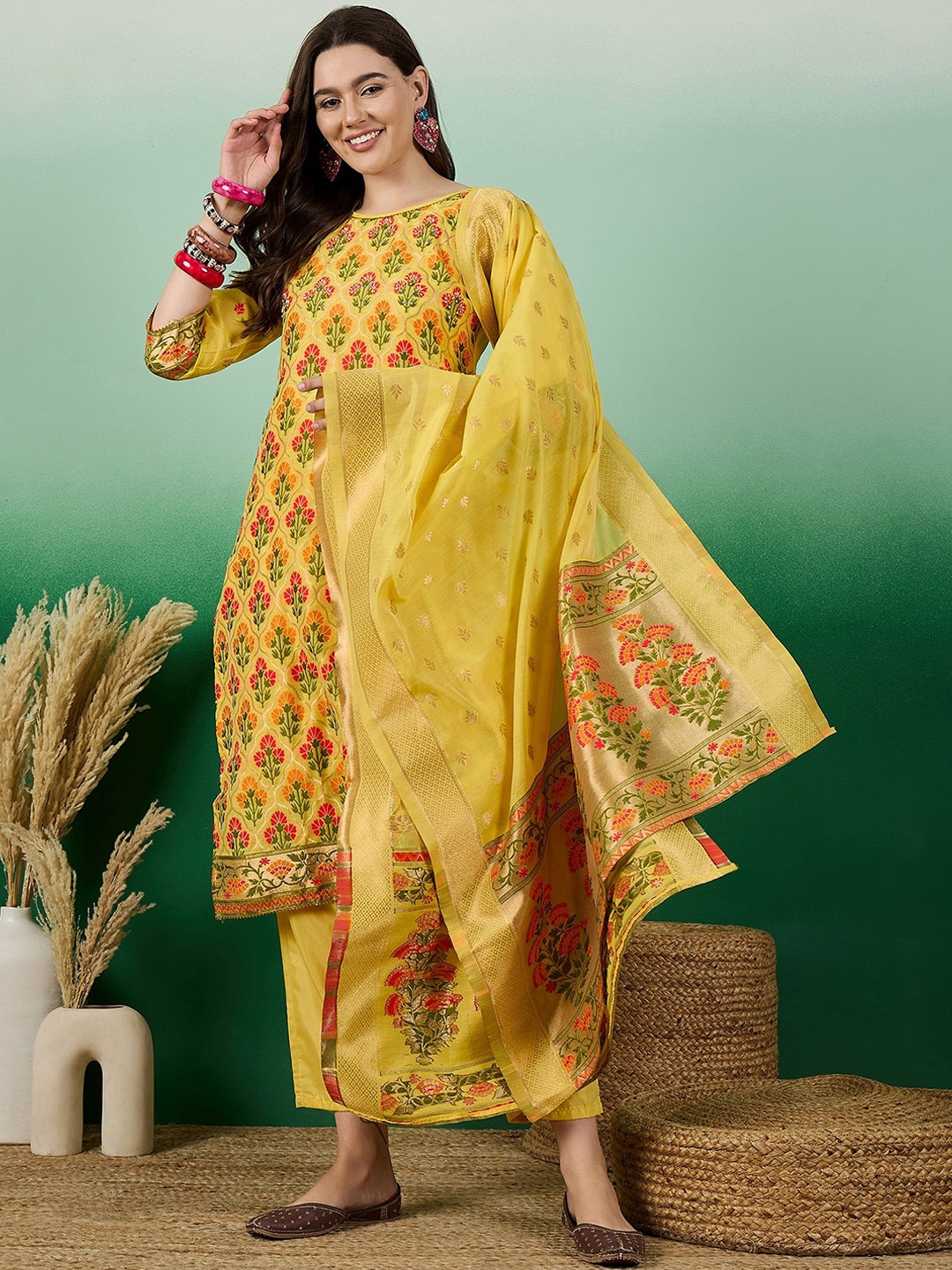 SERONA FABRICS Floarl Woven Design Chanderi Cotton Kurta With Trousers & Dupatta, Yellow
SERONA FABRICS Floarl Woven Design Chanderi Cotton Kurta With Trousers & Dupatta, Yellow