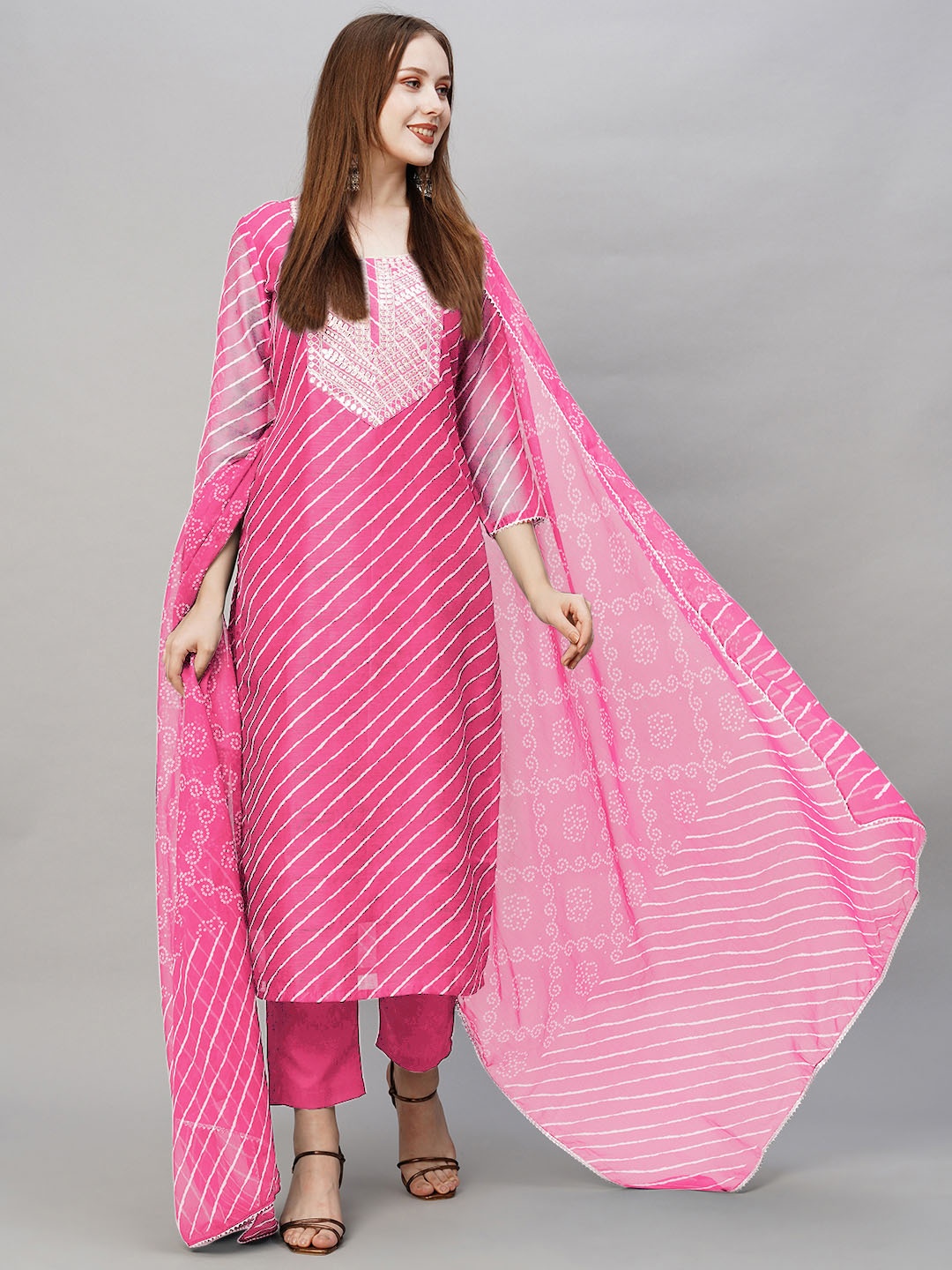 Anni Designer Leheriya Embroidered Sequinned Straight Kurta With Trousers & Dupatta, Pink
Anni Designer Leheriya Embroidered Sequinned Straight Kurta With Trousers & Dupatta, Pink