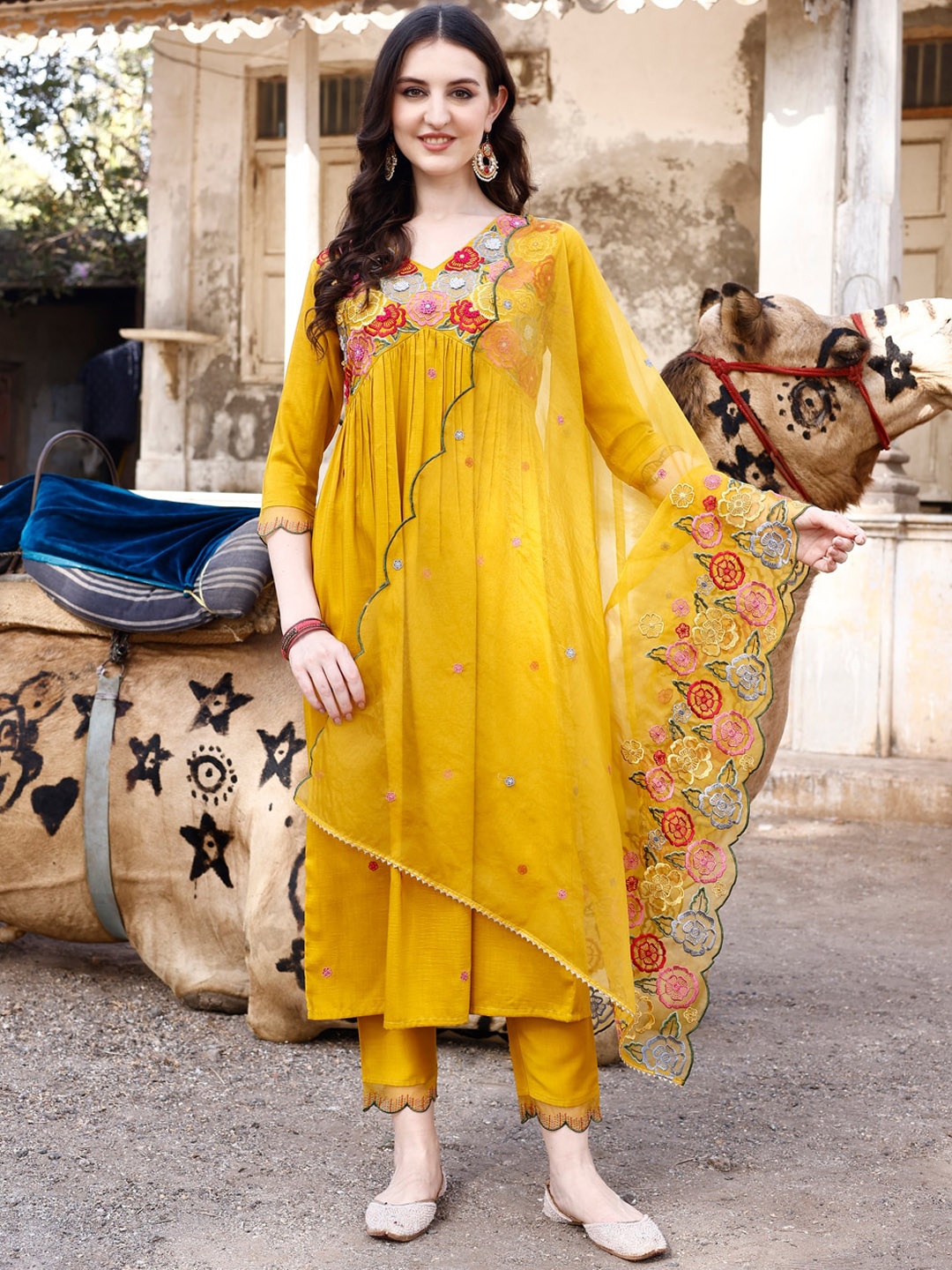 KALINI Embroidered Empire Chanderi Cotton Empire A-Line Kurta With Trousers & Dupatta, Mustard
KALINI Embroidered Empire Chanderi Cotton Empire A-Line Kurta With Trousers & Dupatta, Mustard