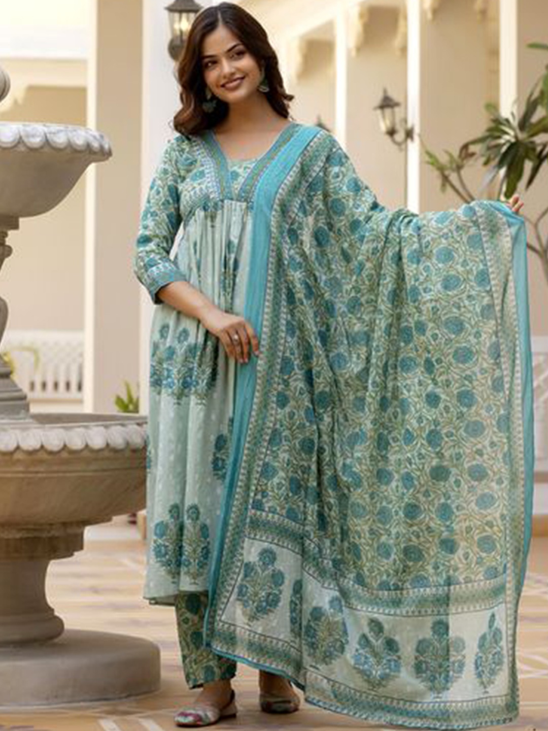 KALINI Floral Printed Regular Thread Work Pure Cotton Kurta with Palazzos & Dupatta, Green
KALINI Floral Printed Regular Thread Work Pure Cotton Kurta with Palazzos & Dupatta, Green