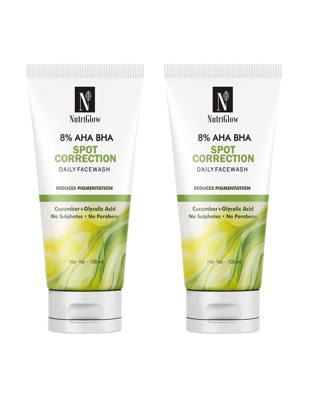 NutriGlow Set of 2 8% AHA BHA Spot Correction Daily Face Wash with Cucumber - 100 ml each, White
NutriGlow Set of 2 8% AHA BHA Spot Correction Daily Face Wash with Cucumber - 100 ml each, White