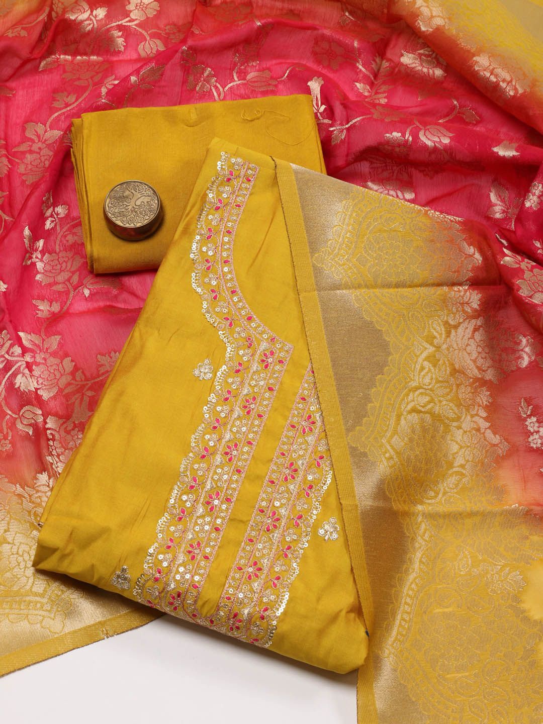 Meena Bazaar Floral Embroidered Sequinned Chanderi Unstitched Dress Material, Mustard
Meena Bazaar Floral Embroidered Sequinned Chanderi Unstitched Dress Material, Mustard
