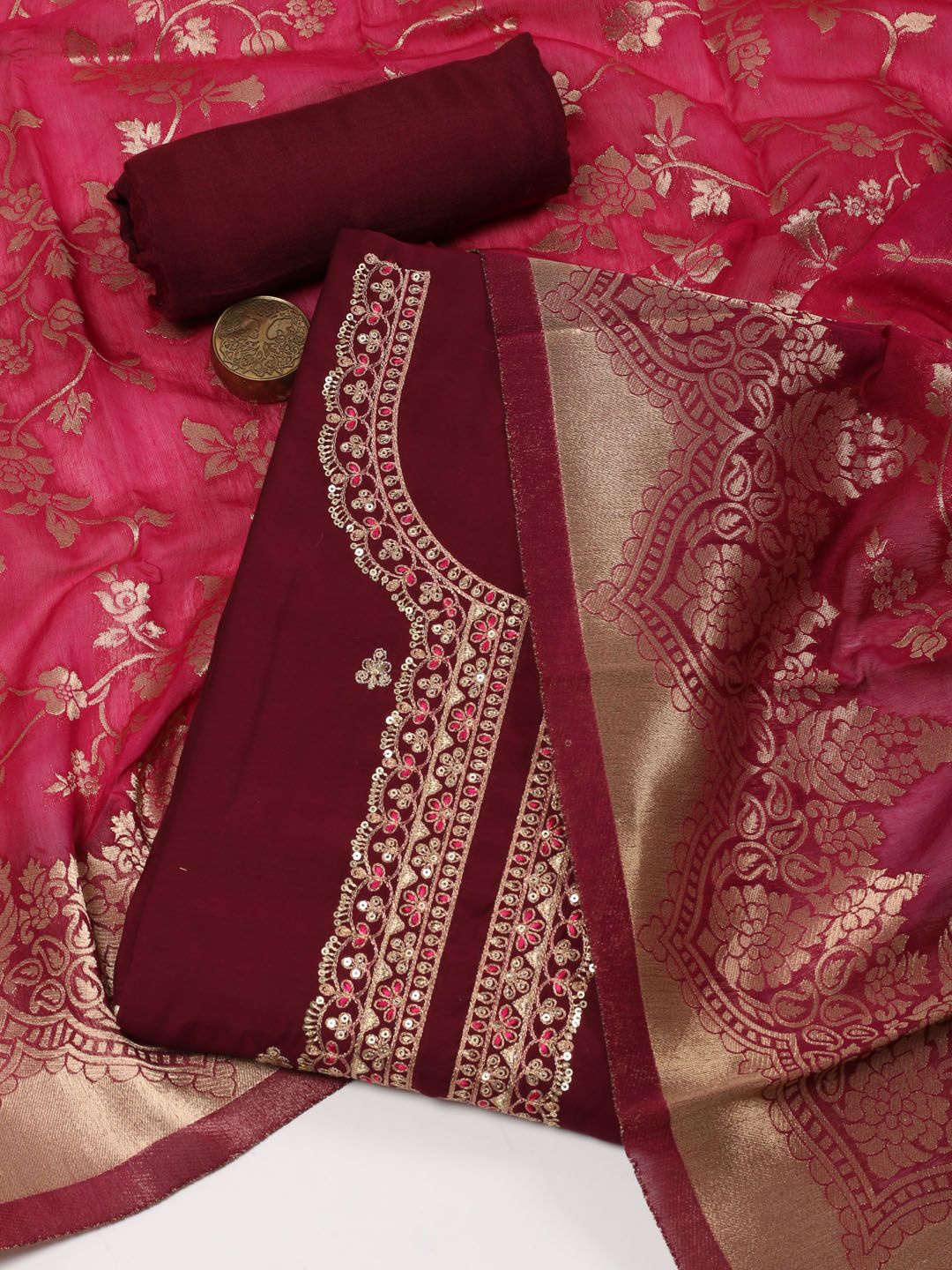 Meena Bazaar Ethnic Motifs Embroidered Sequinned Chanderi Unstitched Dress Material, Burgundy
Meena Bazaar Ethnic Motifs Embroidered Sequinned Chanderi Unstitched Dress Material, Burgundy