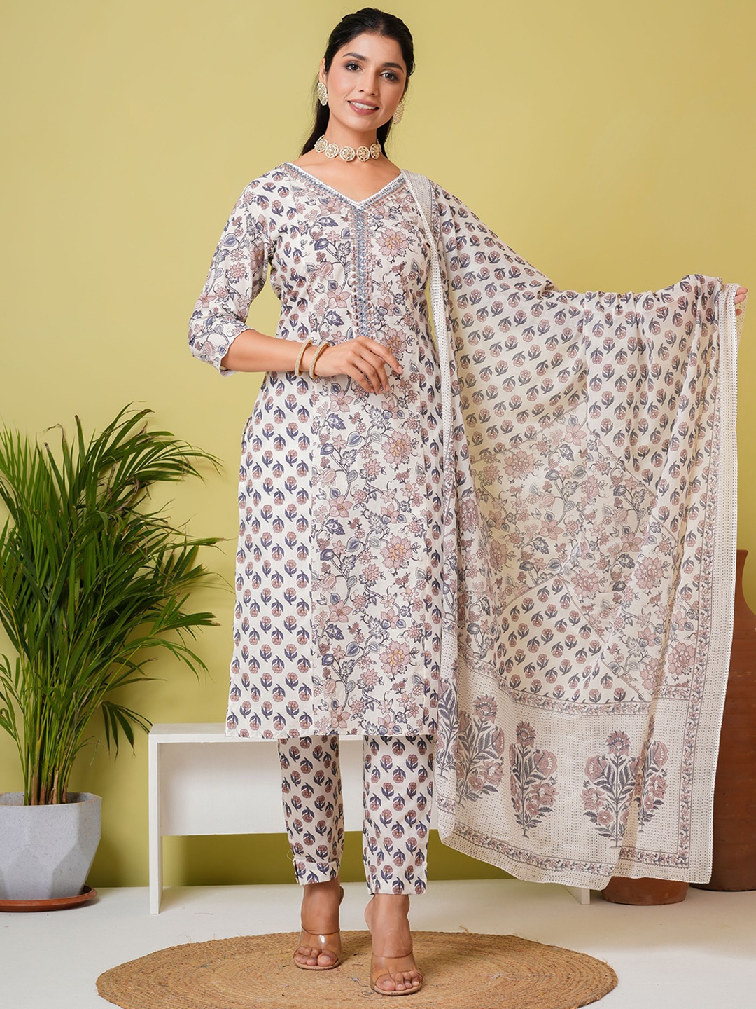 ZOYOTO Floral Printed Thread Work Pure Cotton Straight Kurta With Trousers & Dupatta, Off white
ZOYOTO Floral Printed Thread Work Pure Cotton Straight Kurta With Trousers & Dupatta, Off white