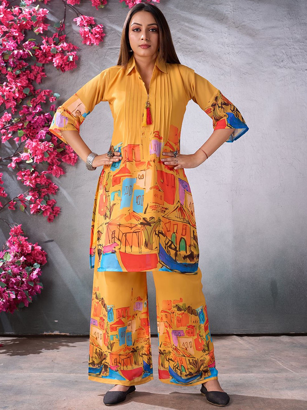 Fashion FRICKS Graphic Printed Shirt Collar Pure Georgette Tunic With Palazzos, Yellow
Fashion FRICKS Graphic Printed Shirt Collar Pure Georgette Tunic With Palazzos, Yellow