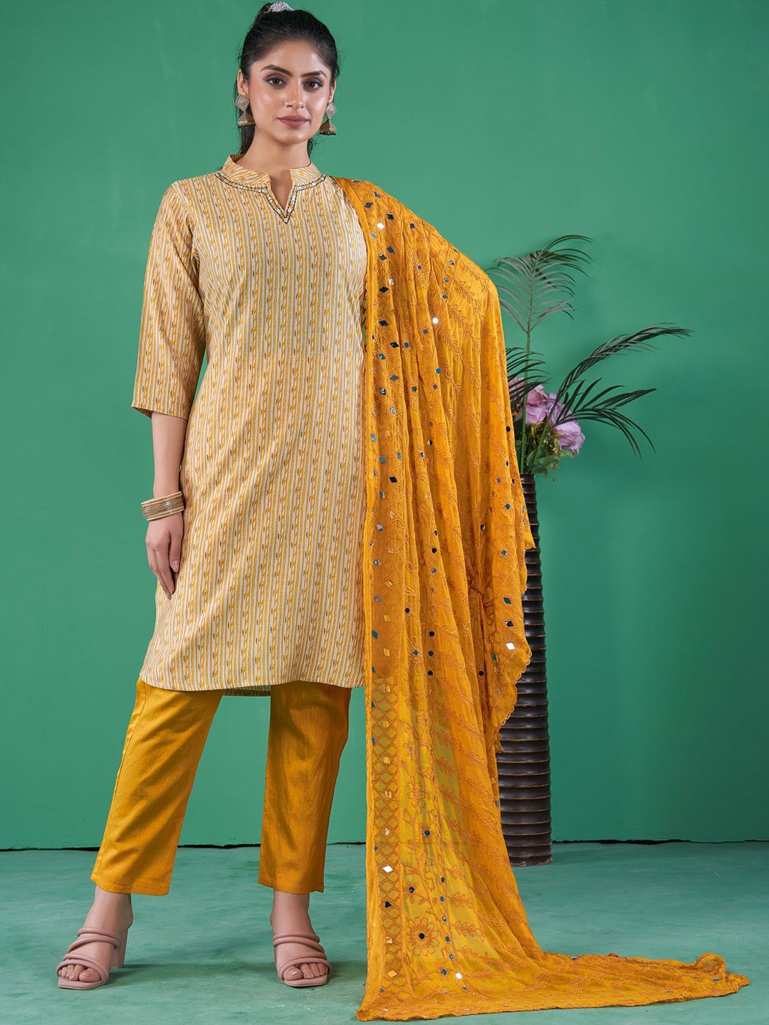 MINGORA Abstract Printed Mirror Work Straight Kurta With Trousers & Dupatta, Mustard
MINGORA Abstract Printed Mirror Work Straight Kurta With Trousers & Dupatta, Mustard