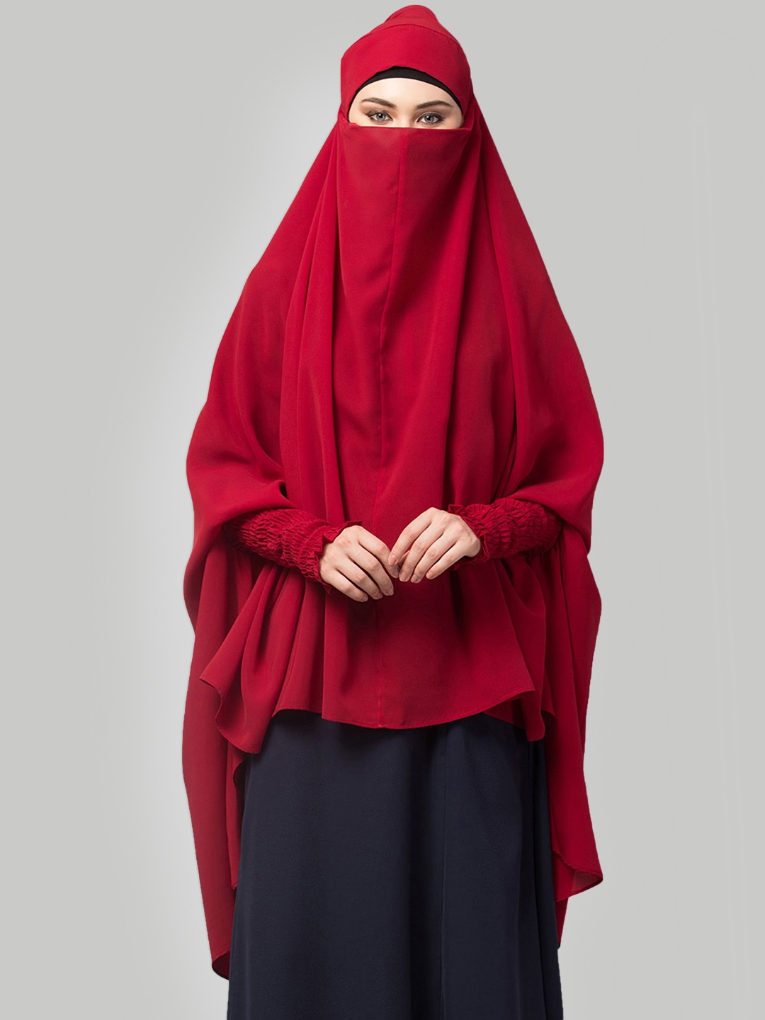 MUSHKIYA Round Neck Solid Abaya Khimar Burqas With Mouth Piece, Red