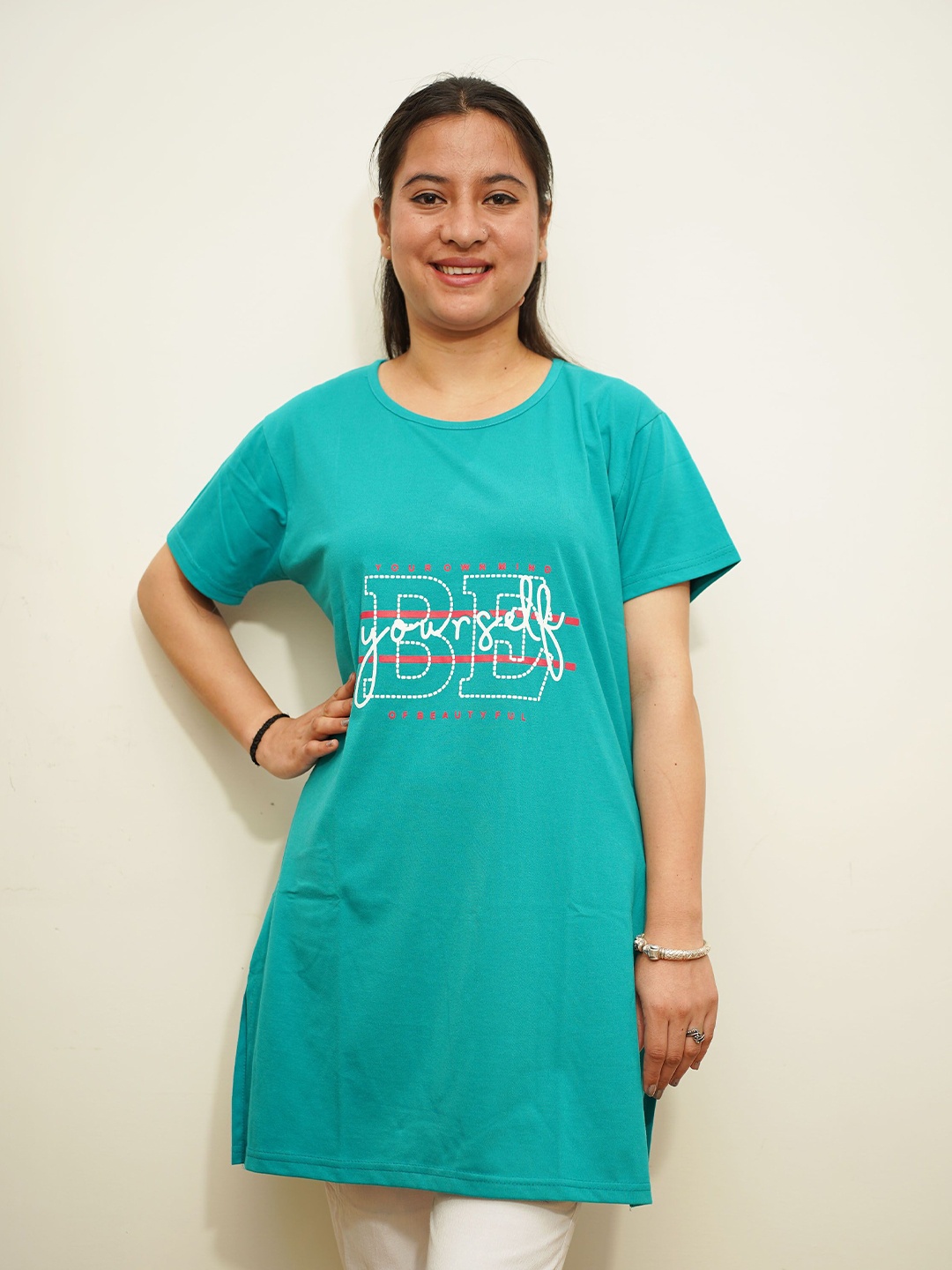 APELLA Women Plus Size Typography Printed Round Neck Cotton Longline T-shirt, Turquoise blue
APELLA Women Plus Size Typography Printed Round Neck Cotton Longline T-shirt, Turquoise blue