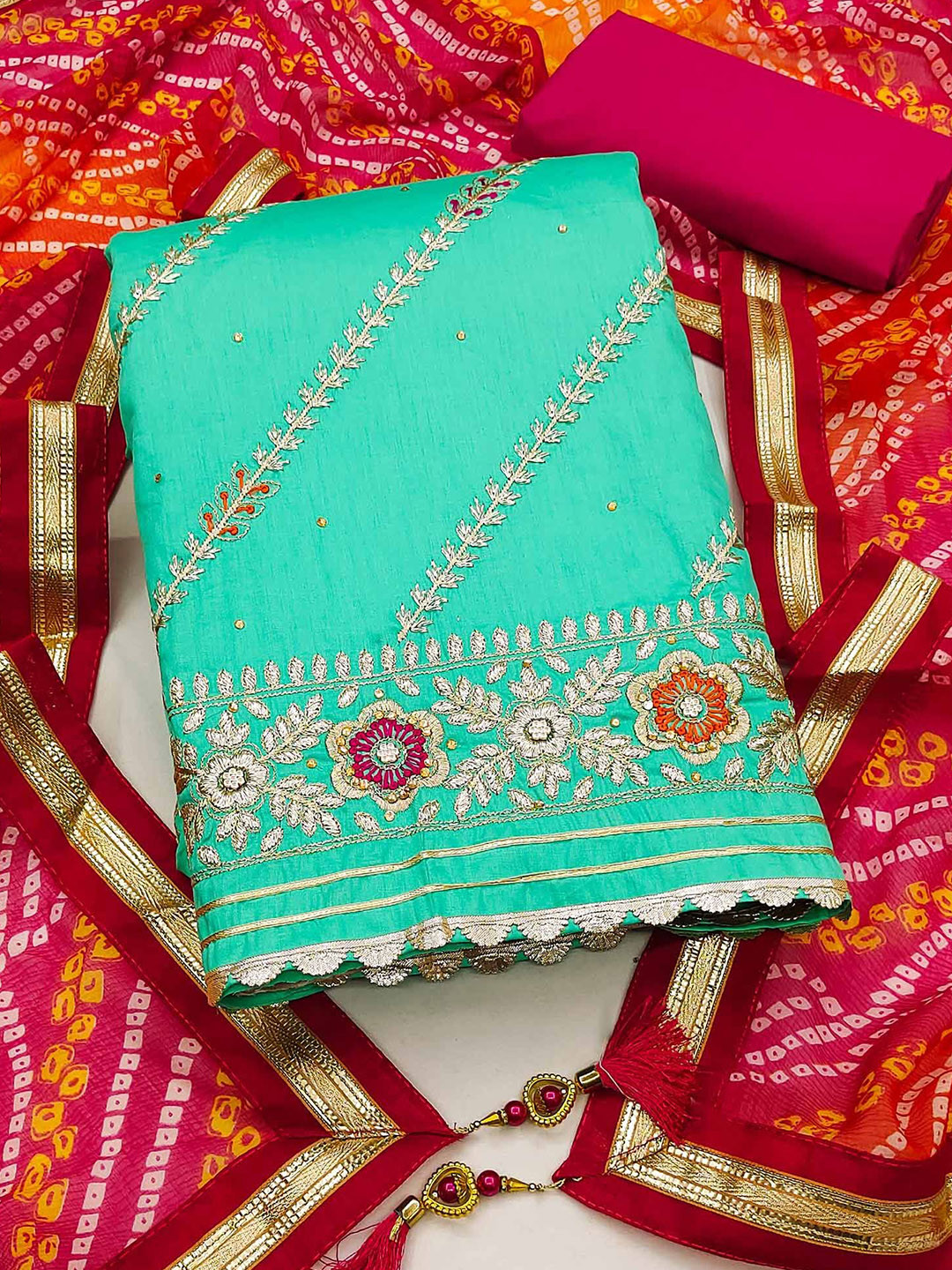 Peachmode Floral Embroidered Zari Pure Cotton Unstitched Dress Material, Turquoise blue
Peachmode Floral Embroidered Zari Pure Cotton Unstitched Dress Material, Turquoise blue