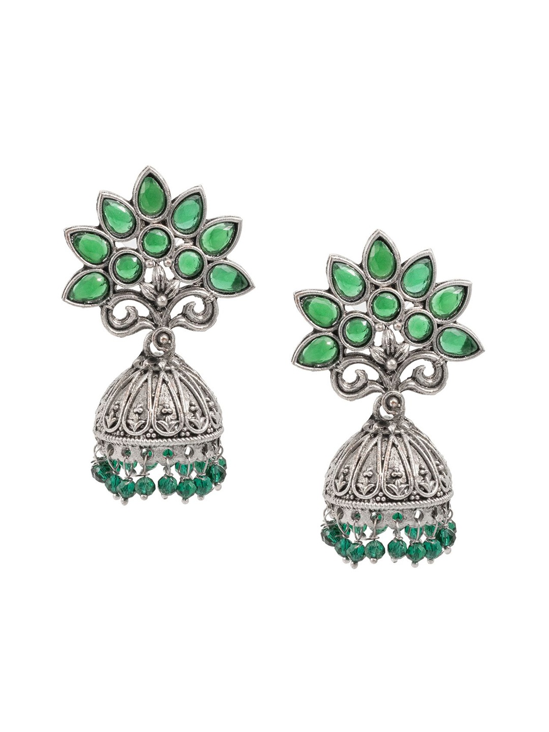 Shining Jewel - By Shivansh Silver-Plated Artificial Stones and Beads Dome Shaped Jhumkas, Green
Shining Jewel - By Shivansh Silver-Plated Artificial Stones and Beads Dome Shaped Jhumkas, Green