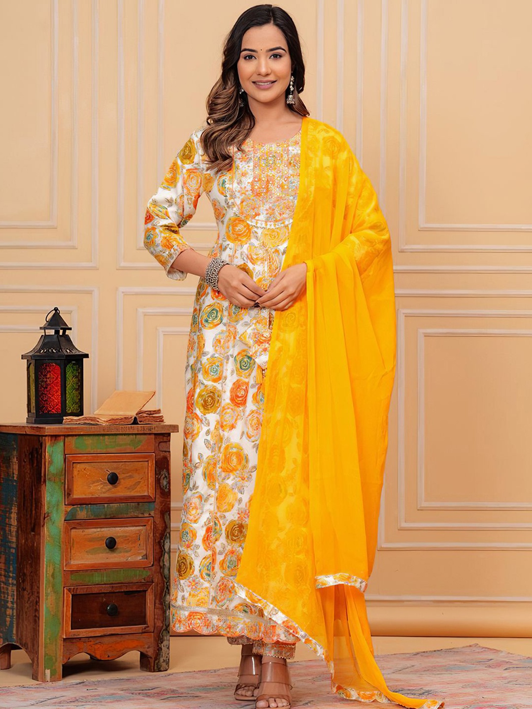 KALINI Floral Printed Round Neck Regular Gotta Patti Kurta ,Trousers & Dupatta, Yellow
KALINI Floral Printed Round Neck Regular Gotta Patti Kurta ,Trousers & Dupatta, Yellow