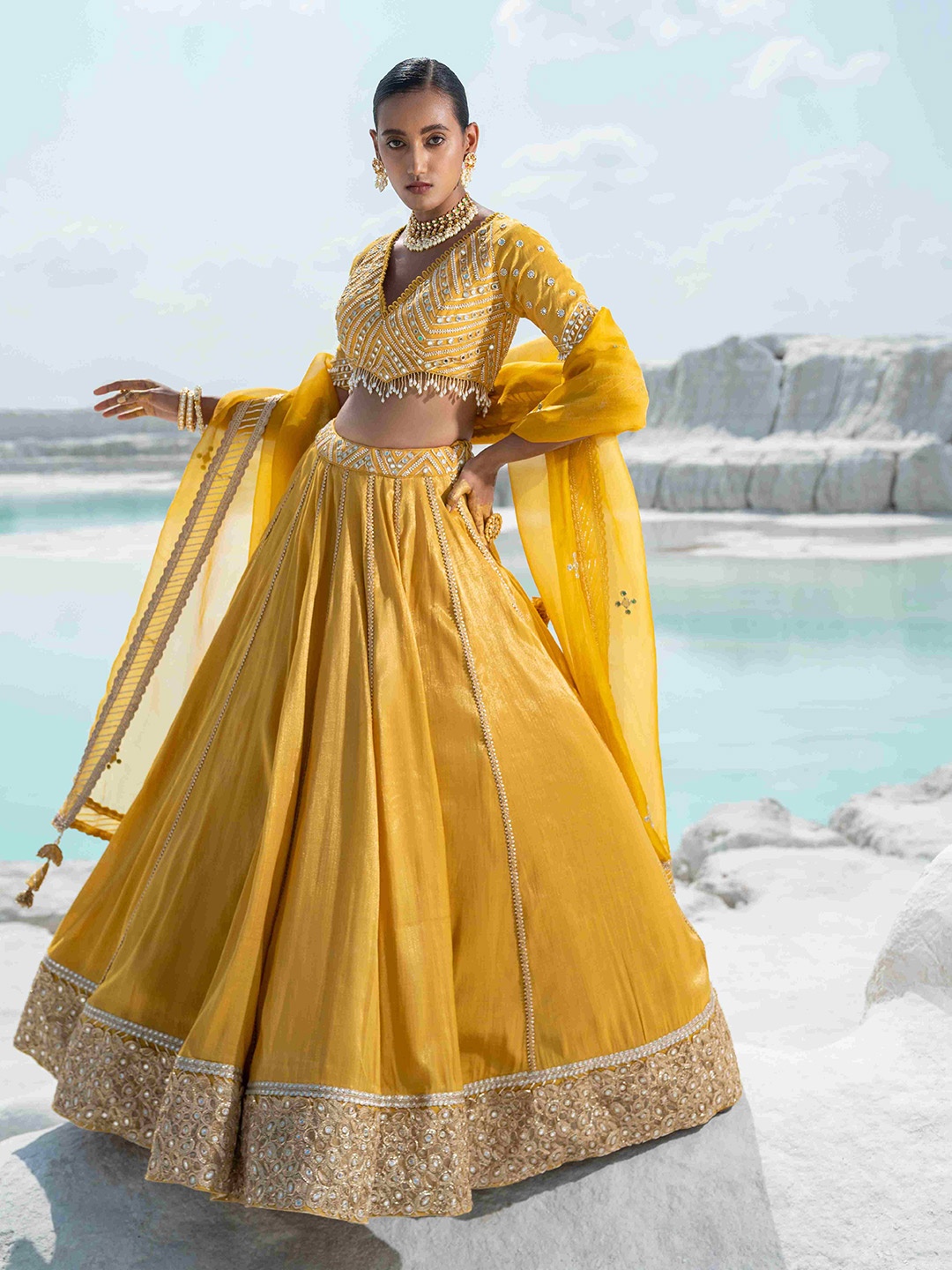 Seeaash Embroidered V-Neck Mirror Work Made to Measure Lehenga & Blouse With Dupatta, Yellow
Seeaash Embroidered V-Neck Mirror Work Made to Measure Lehenga & Blouse With Dupatta, Yellow