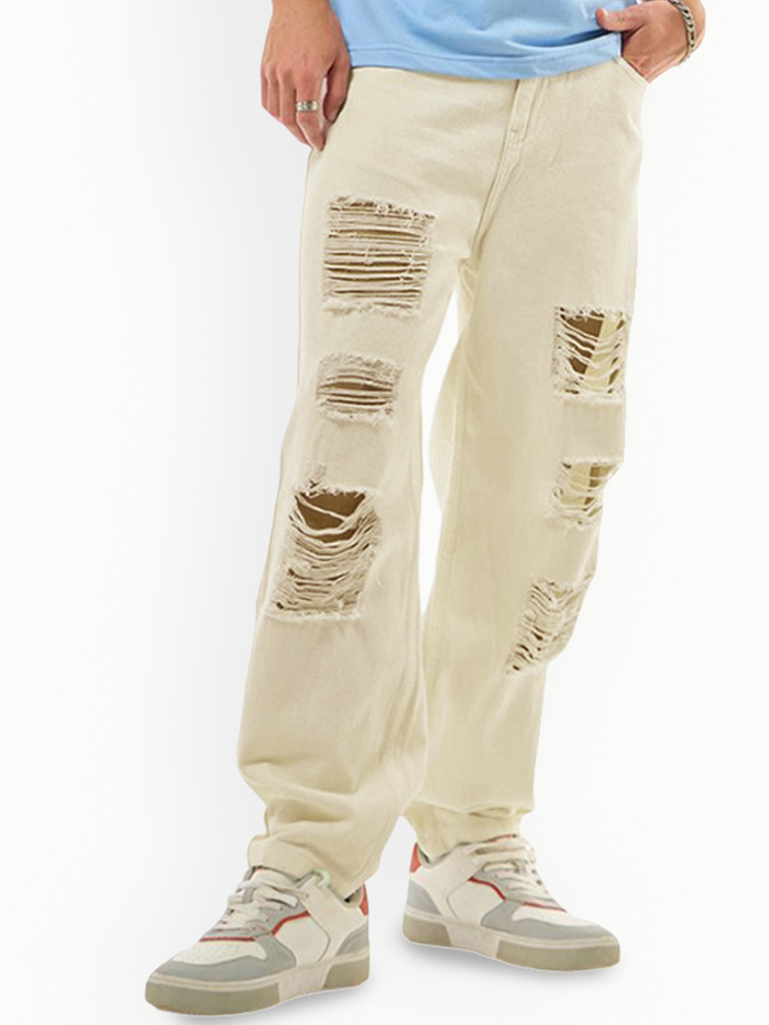 Bewakoof Men Tapered Fit Distressed Jeans, Off white 
Bewakoof Men Tapered Fit Distressed Jeans, Off white