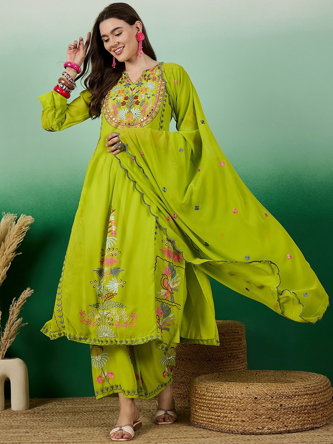 KALINI Floral Embroidered V-Neck Cuffed Sleeves Thread Work Kurta ,Palazzos & Dupatta, Lime green
KALINI Floral Embroidered V-Neck Cuffed Sleeves Thread Work Kurta ,Palazzos & Dupatta, Lime green