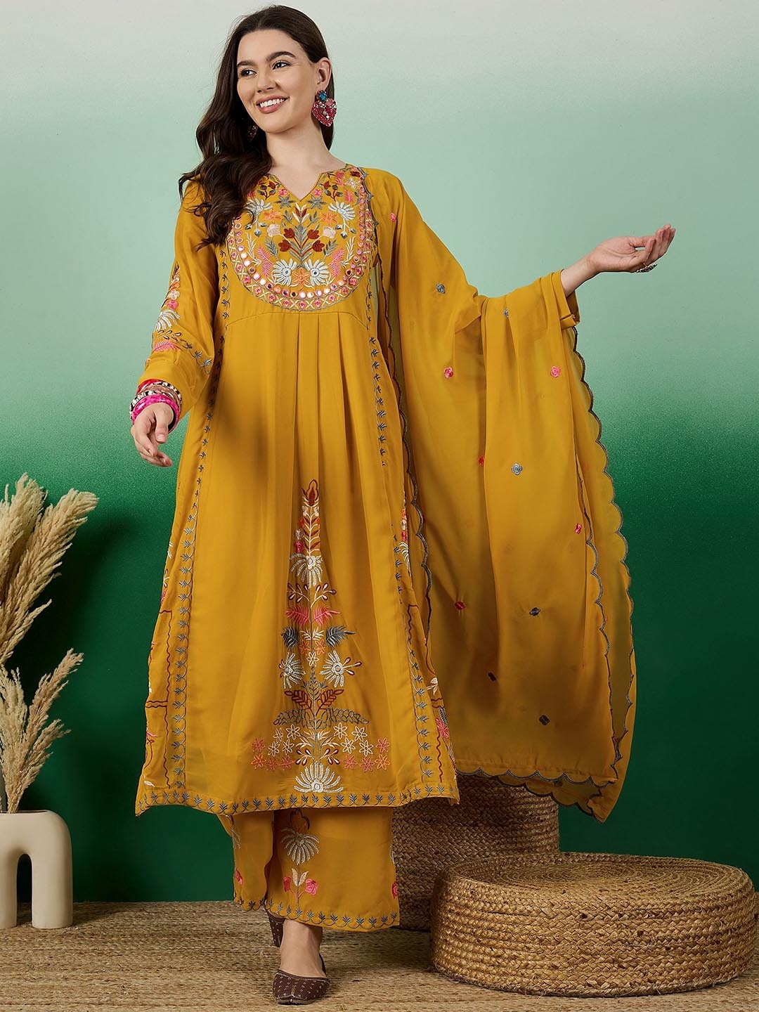 KALINI Floral Embroidered V-Neck Cuffed Sleeves Thread Work Kurta ,Palazzos & Dupatta, Yellow
KALINI Floral Embroidered V-Neck Cuffed Sleeves Thread Work Kurta ,Palazzos & Dupatta, Yellow
