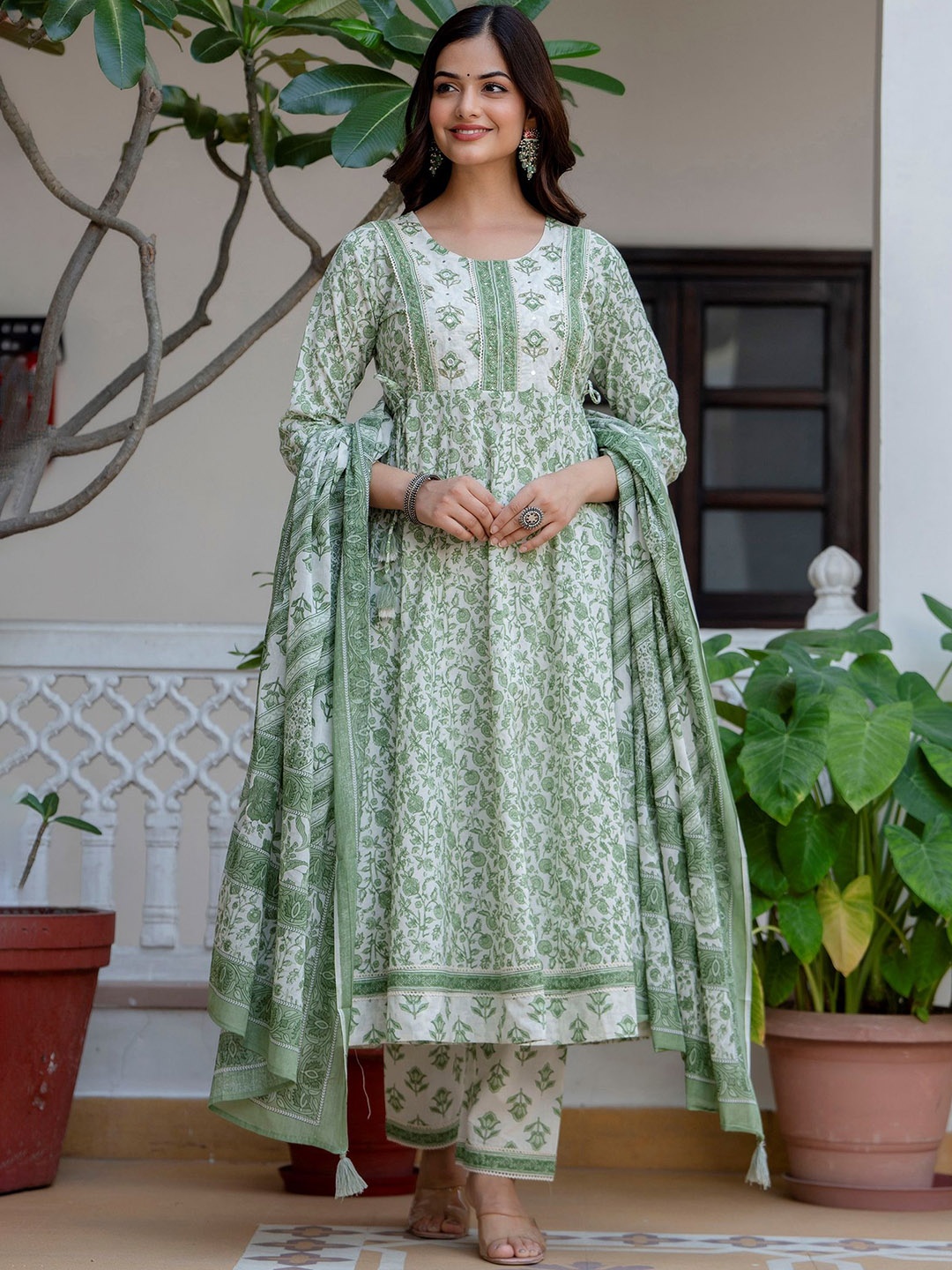 KALINI Floral Embroidered Panelled Pure Cotton Anarkali Kurta With Pyjama & Dupatta, Green
KALINI Floral Embroidered Panelled Pure Cotton Anarkali Kurta With Pyjama & Dupatta, Green