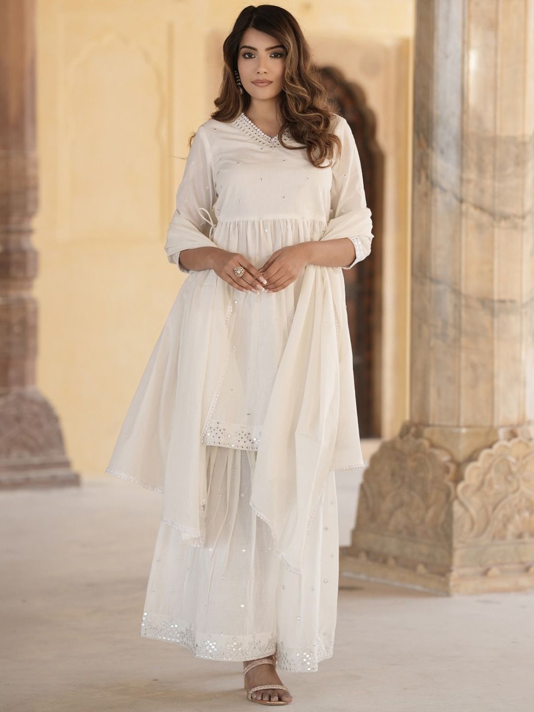 KALINI Geometric Embroidered Mirror Work Pure Cotton A-Line Kurta With Sharara & Dupatta, Off white
KALINI Geometric Embroidered Mirror Work Pure Cotton A-Line Kurta With Sharara & Dupatta, Off white