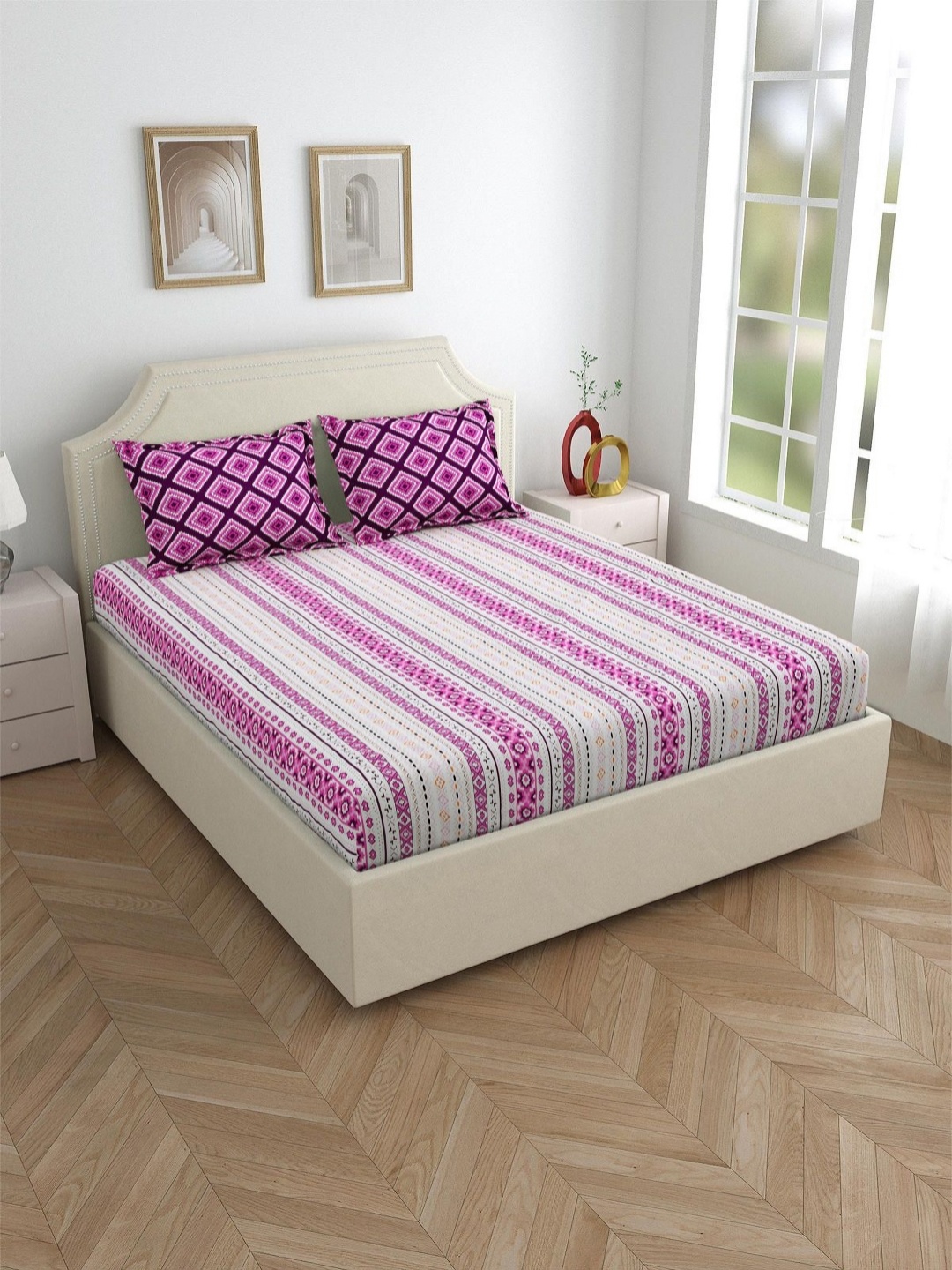 Salona Bichona White Geometric 120 TC Pure Cotton Fitted King Bedsheet & 2 Pillow Covers, Pink
Salona Bichona White Geometric 120 TC Pure Cotton Fitted King Bedsheet & 2 Pillow Covers, Pink