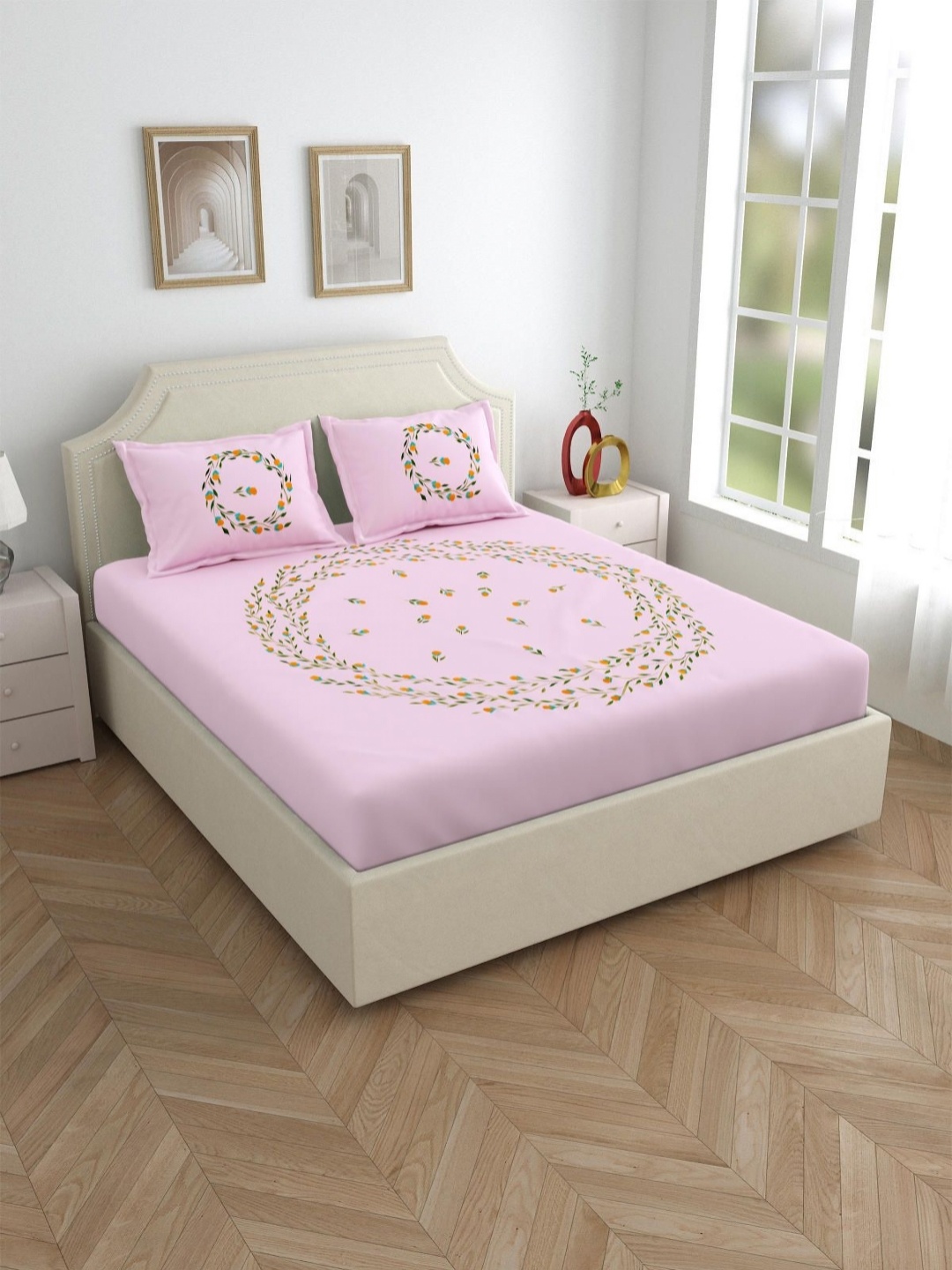 Salona Bichona Pink Printed 300 TC Pure Cotton Super King Bedsheet With 2 Pillow Covers
Salona Bichona Pink Printed 300 TC Pure Cotton Super King Bedsheet With 2 Pillow Covers