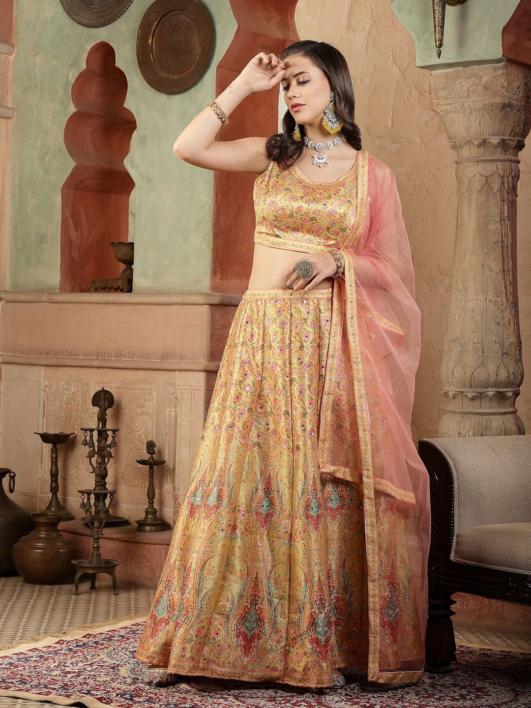 Stylum Mustard & Pink Printed Mirror Work Ready to Wear Lehenga & Blouse With Dupatta
Stylum Mustard & Pink Printed Mirror Work Ready to Wear Lehenga & Blouse With Dupatta