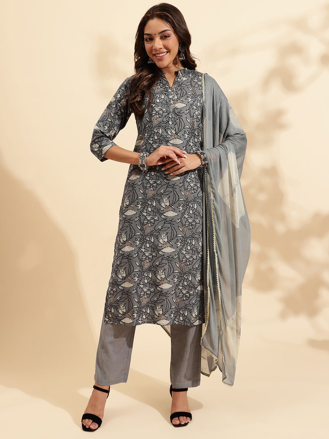 KALINI Floral Printed Mirror Work Pure Cotton Straight Kurta With Trousers & Dupatta, Grey
KALINI Floral Printed Mirror Work Pure Cotton Straight Kurta With Trousers & Dupatta, Grey