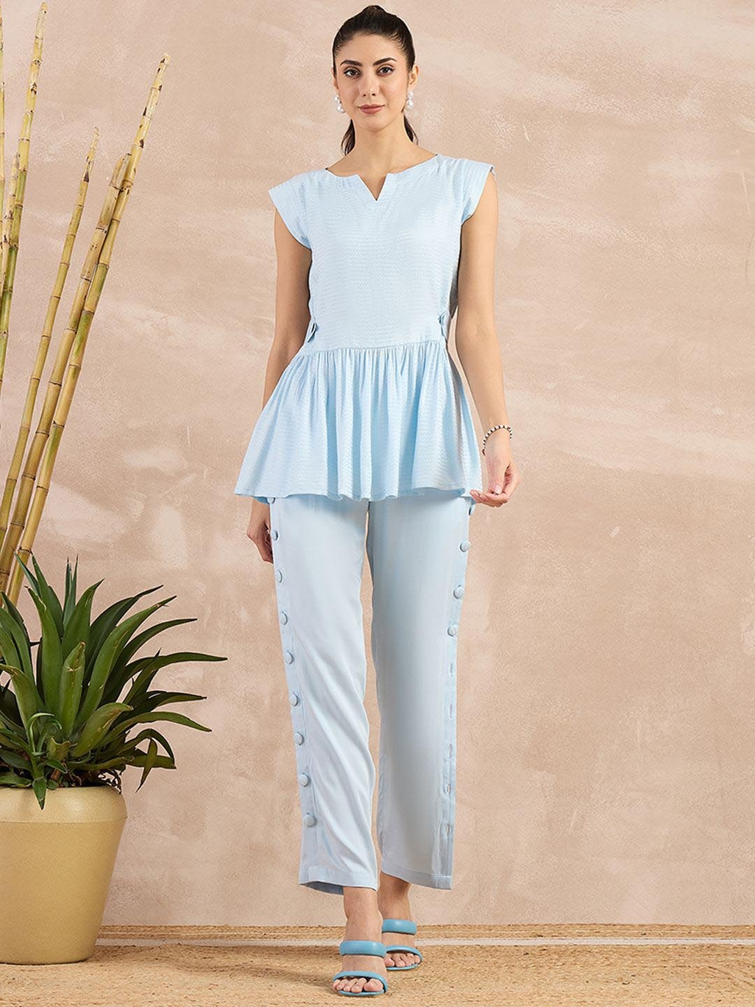 First Resort by Ramola Bachchan Self Design Organic Cotton Peplum Top With Trouser, Blue
First Resort by Ramola Bachchan Self Design Organic Cotton Peplum Top With Trouser, Blue