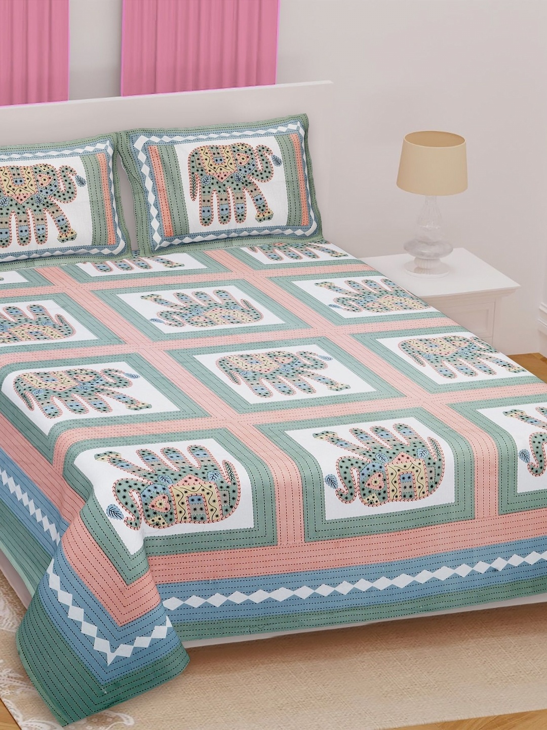 Texstylers Green & White Ethnic Motifs 210 TC Cotton Queen Bedsheet with 2 Pillow Covers
Texstylers Green & White Ethnic Motifs 210 TC Cotton Queen Bedsheet with 2 Pillow Covers