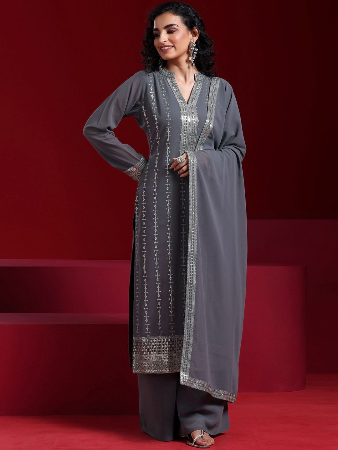 Libas Women Ethnic Motifs Embroidered Sequinned Georgette Kurta With Palazzos & Dupatta, Grey
Libas Women Ethnic Motifs Embroidered Sequinned Georgette Kurta With Palazzos & Dupatta, Grey
