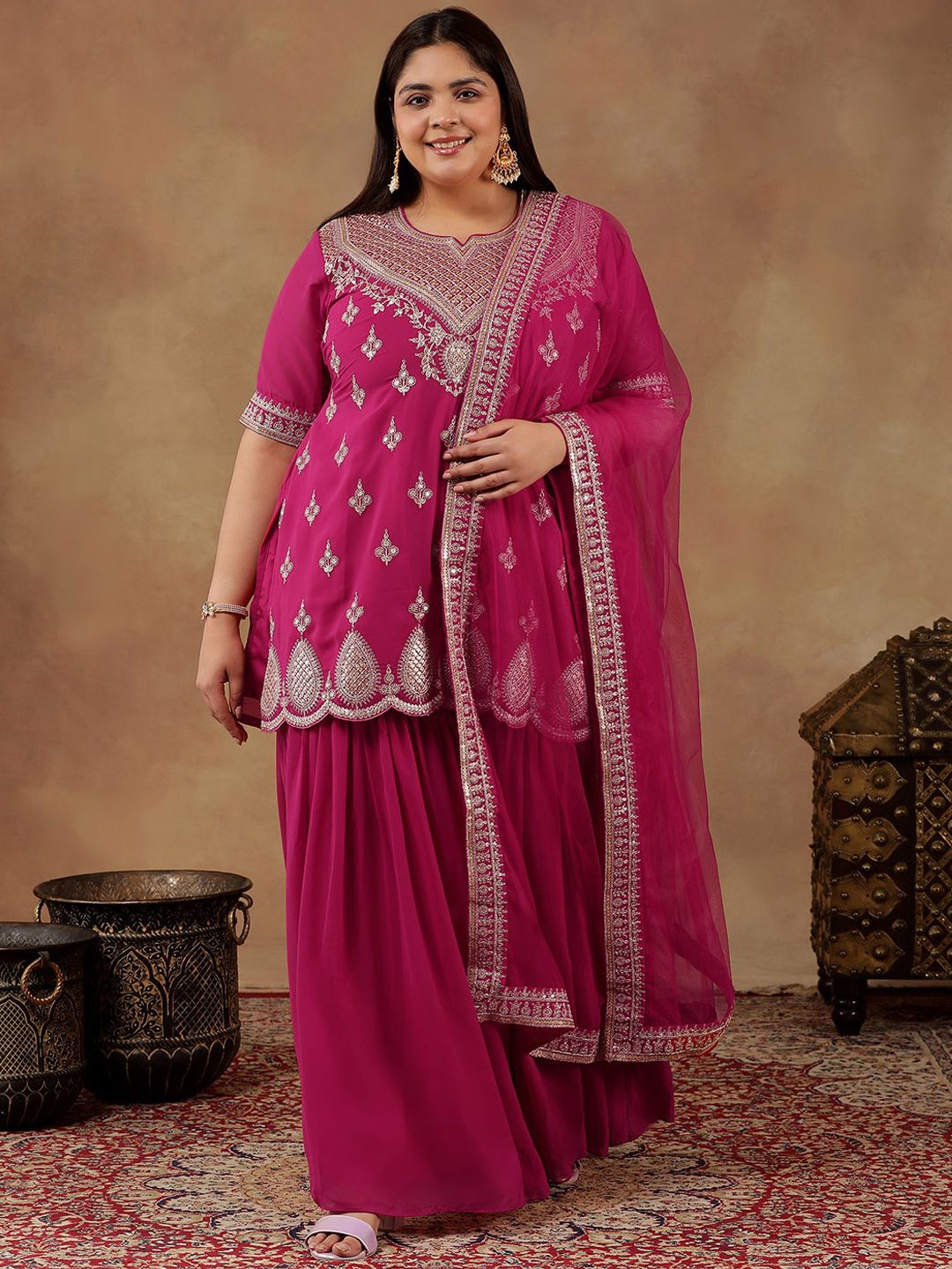 INDDUS PLUS Plus Size Embroidered Sequin Georgette Straight Kurta With Sharara & Dupatta, Magenta
INDDUS PLUS Plus Size Embroidered Sequin Georgette Straight Kurta With Sharara & Dupatta, Magenta