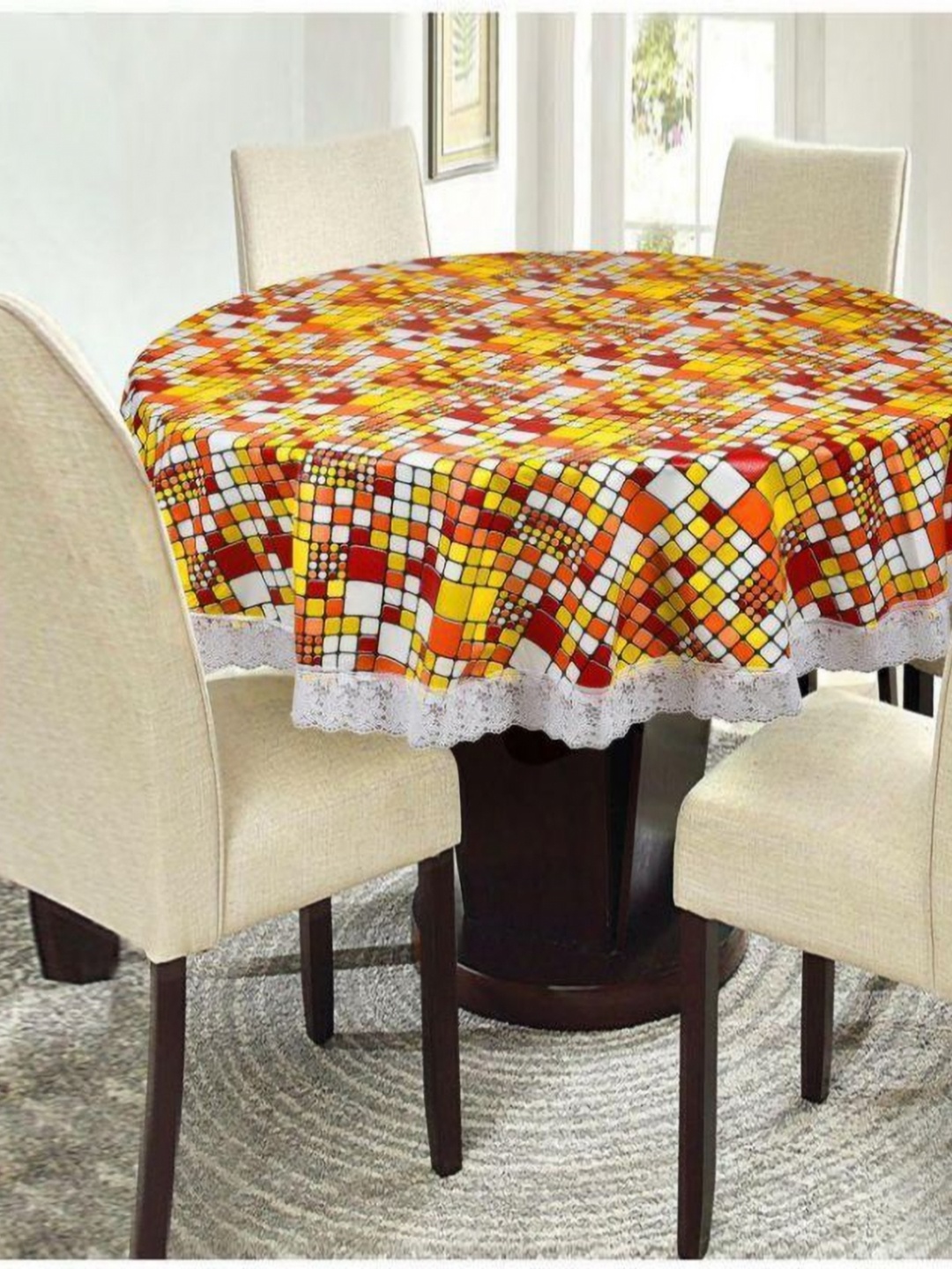 Dakshya Industries Brown Geometric Printed Waterproof Plastic Round 4-Seater Table Cover
Dakshya Industries Brown Geometric Printed Waterproof Plastic Round 4-Seater Table Cover