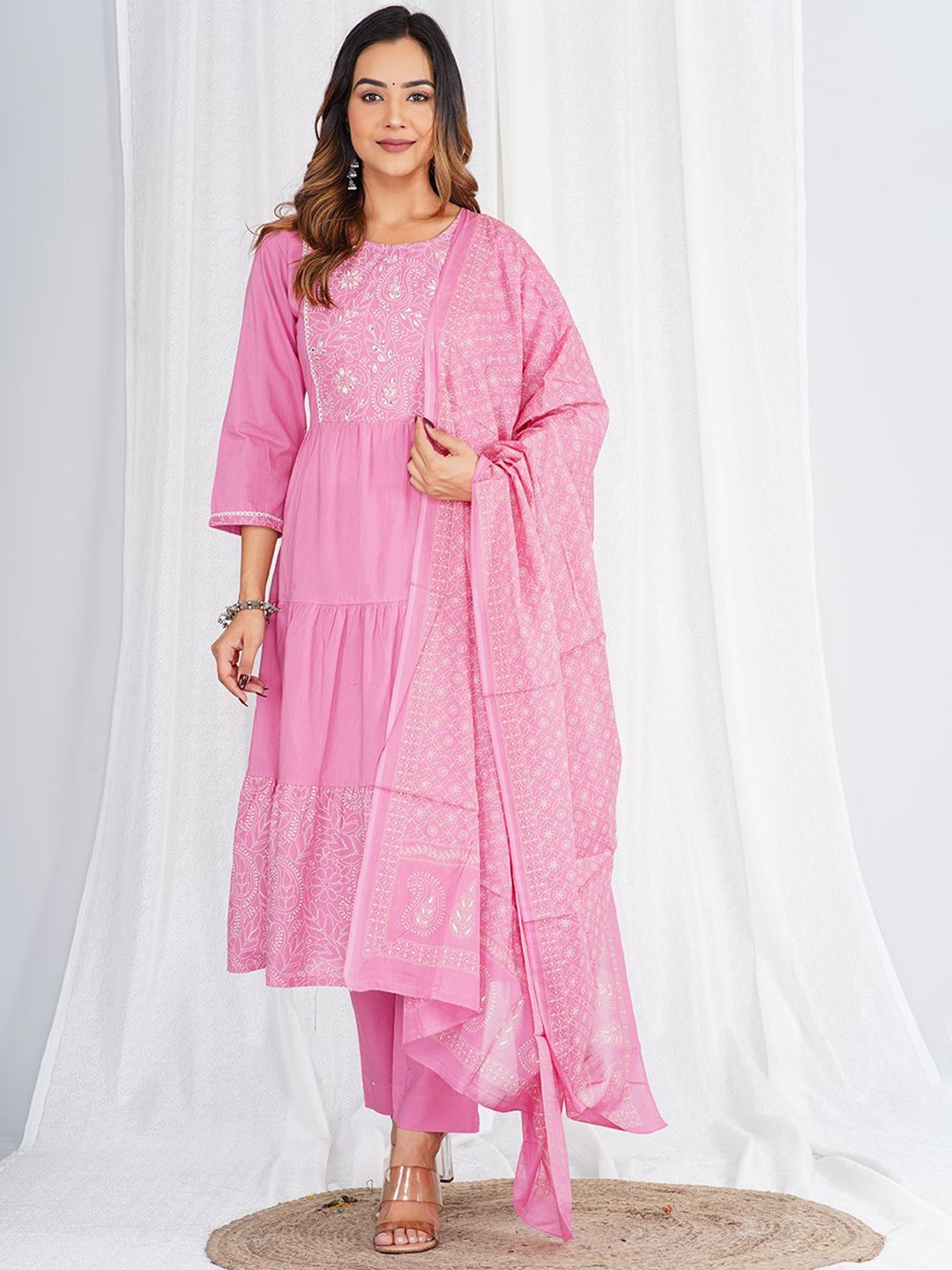 KALINI Ethnic Motifs Embroidered Pure Cotton A-Line Kurta With Trousers & Dupatta, Pink
KALINI Ethnic Motifs Embroidered Pure Cotton A-Line Kurta With Trousers & Dupatta, Pink