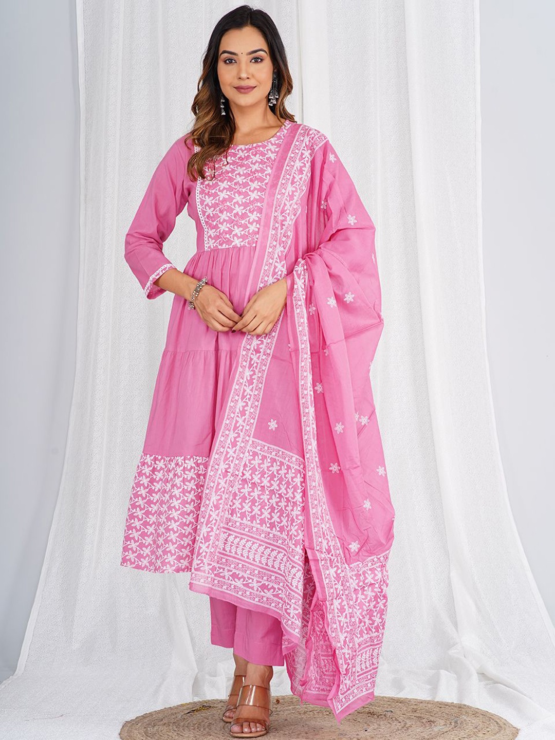 KALINI Ethnic Motifs Embroidered Pure Cotton A-Line Kurta With Trousers & Dupatta, Pink
KALINI Ethnic Motifs Embroidered Pure Cotton A-Line Kurta With Trousers & Dupatta, Pink
