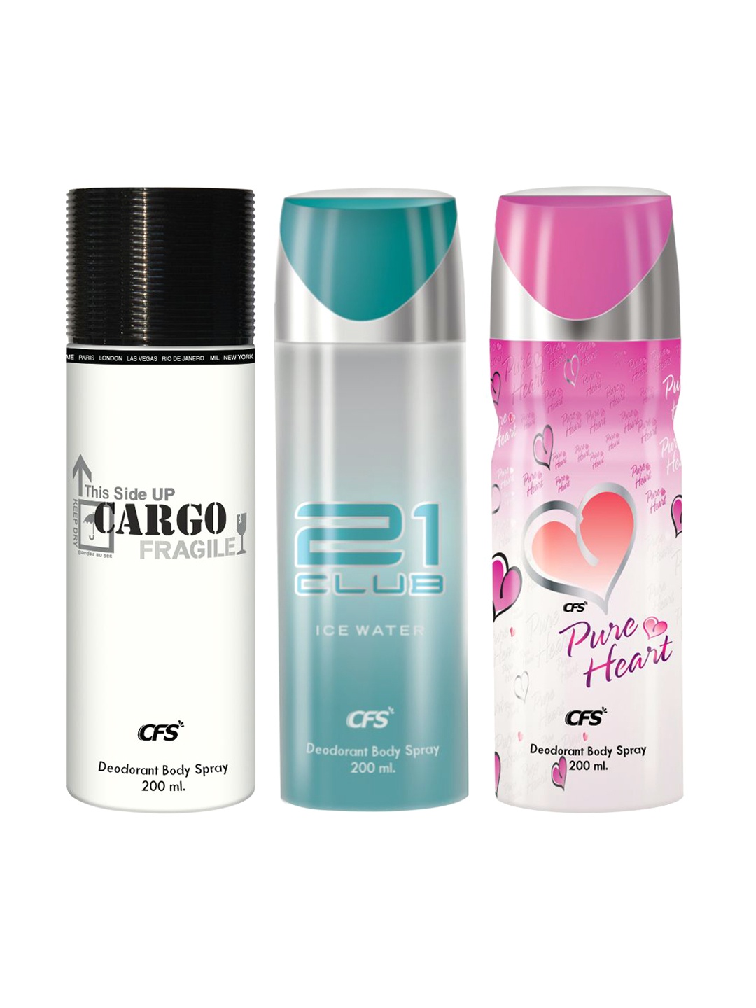 CFS Set Of 3 Cargo, 21 Club & Pure Heart Deodorant Body Spray - 200ml Each, Blue
CFS Set Of 3 Cargo, 21 Club & Pure Heart Deodorant Body Spray - 200ml Each, Blue